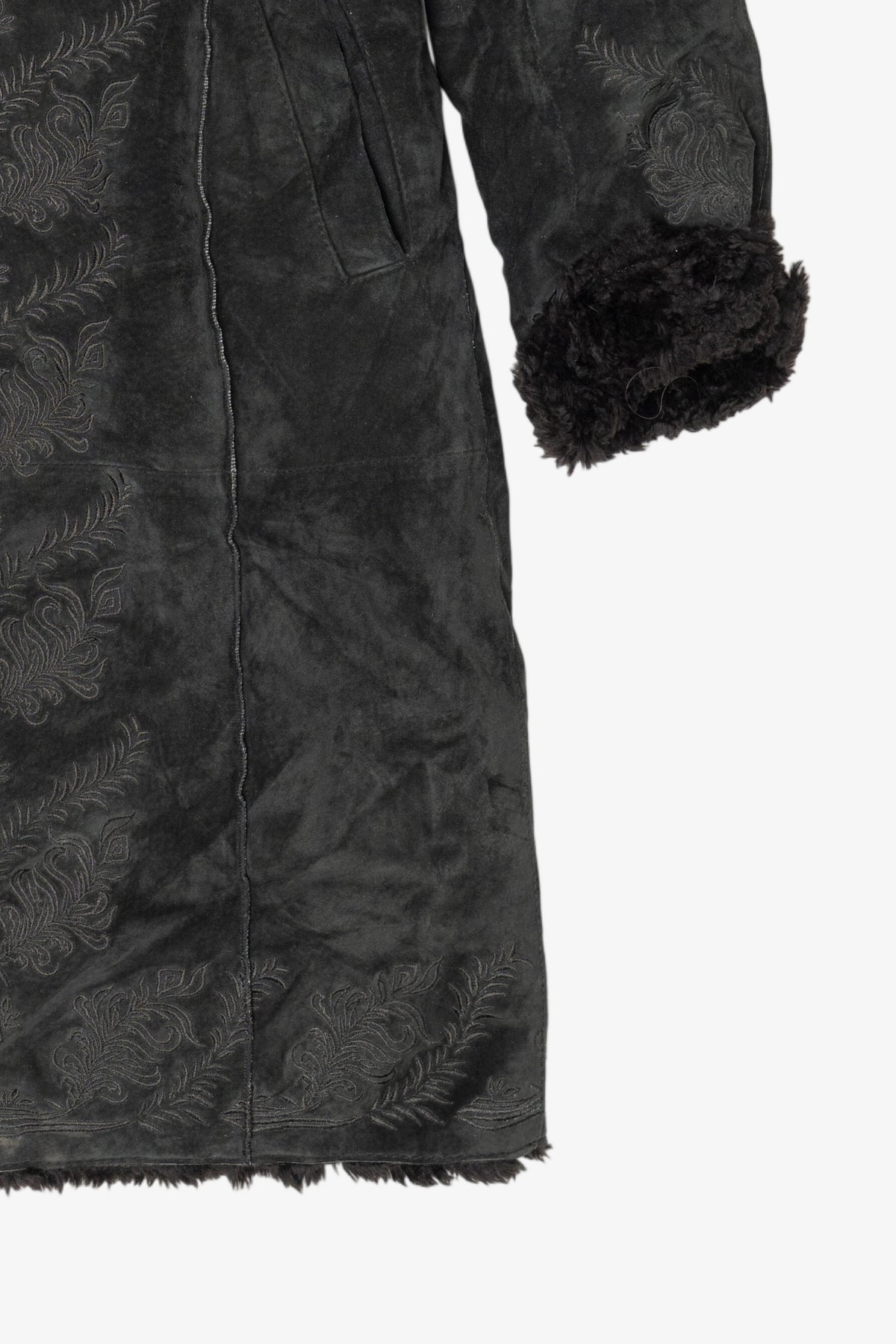 Vintage Black Suede Express Embroidered Faux Fur Lined Coat(2000s)