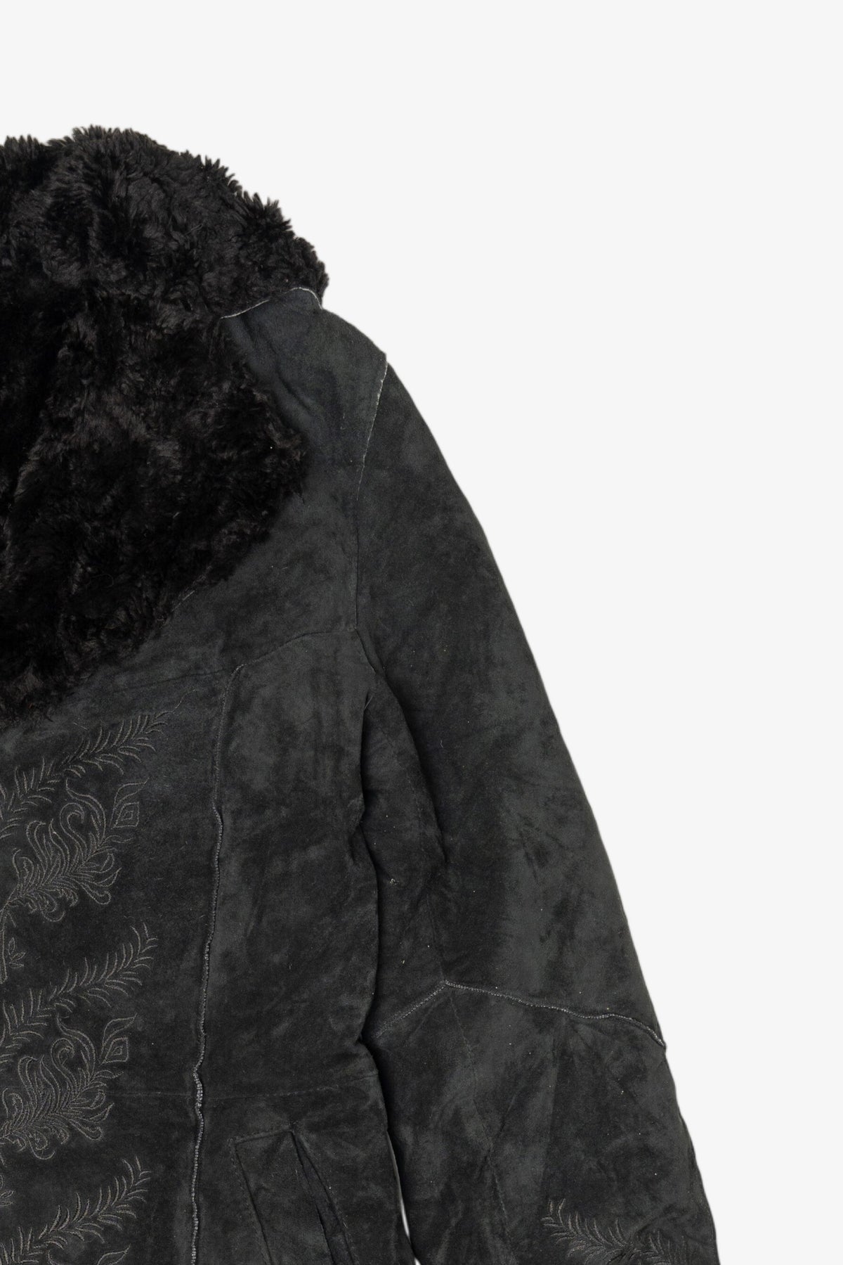 Vintage Black Suede Express Embroidered Faux Fur Lined Coat(2000s)