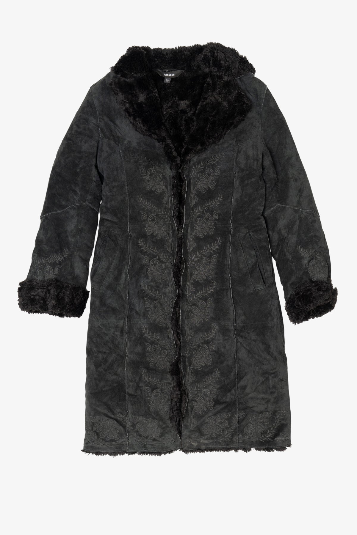 Vintage Black Suede Express Embroidered Faux Fur Lined Coat(2000s)