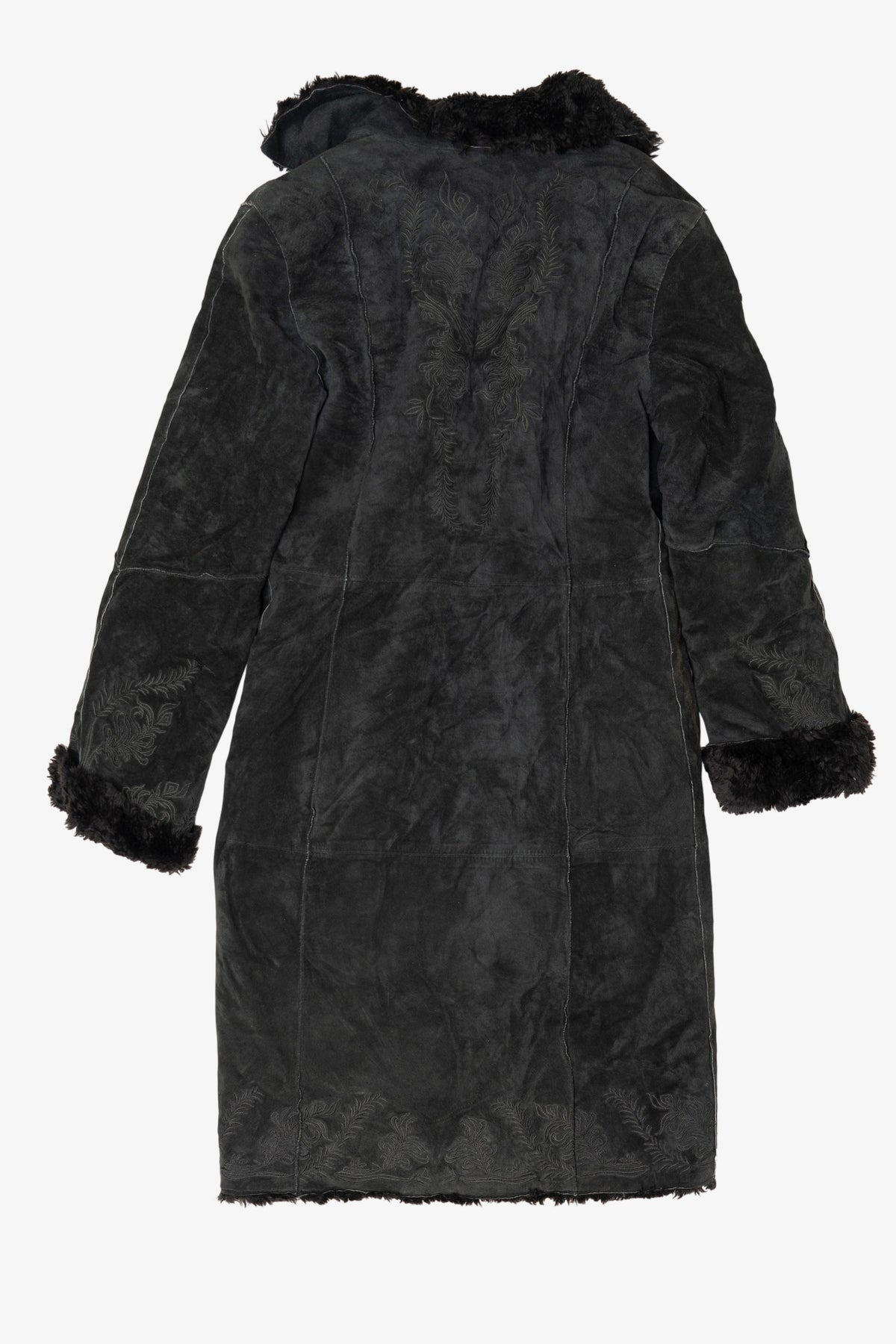 Vintage Black Suede Express Embroidered Faux Fur Lined Coat(2000s)