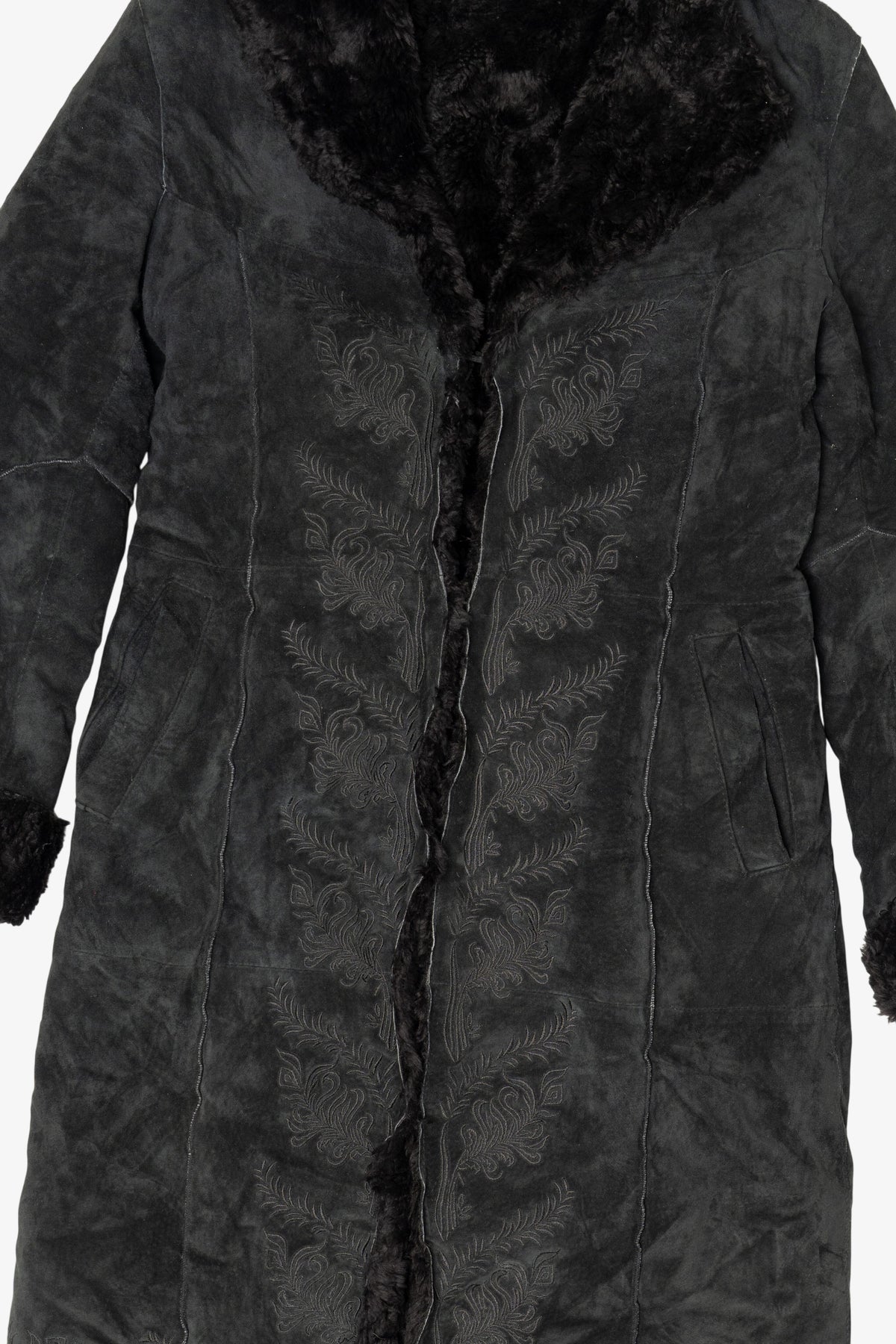 Vintage Black Suede Express Embroidered Faux Fur Lined Coat(2000s)