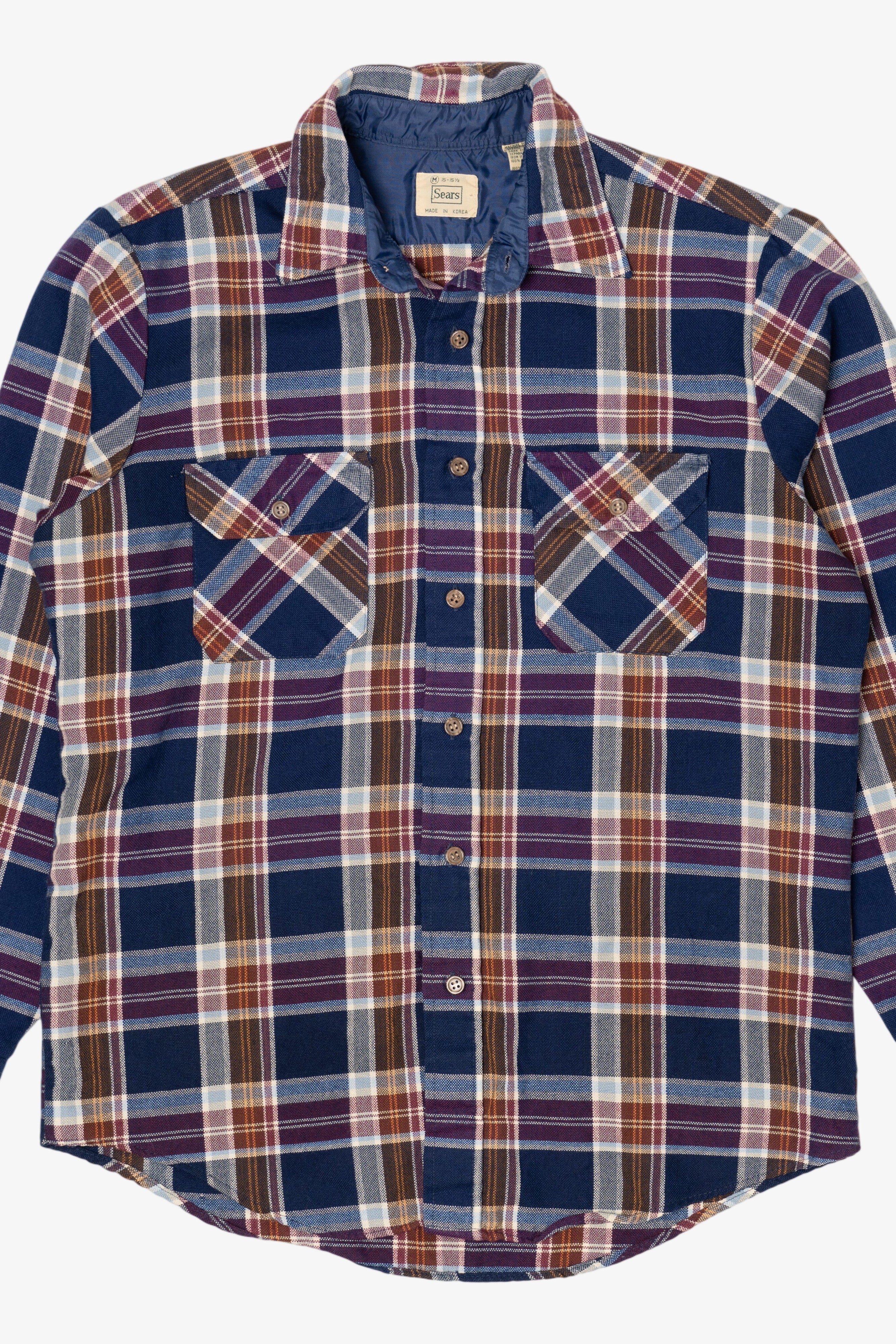 Vintage Navy Blue Plaid Sears Flannel Button Up Shirt (1970s)