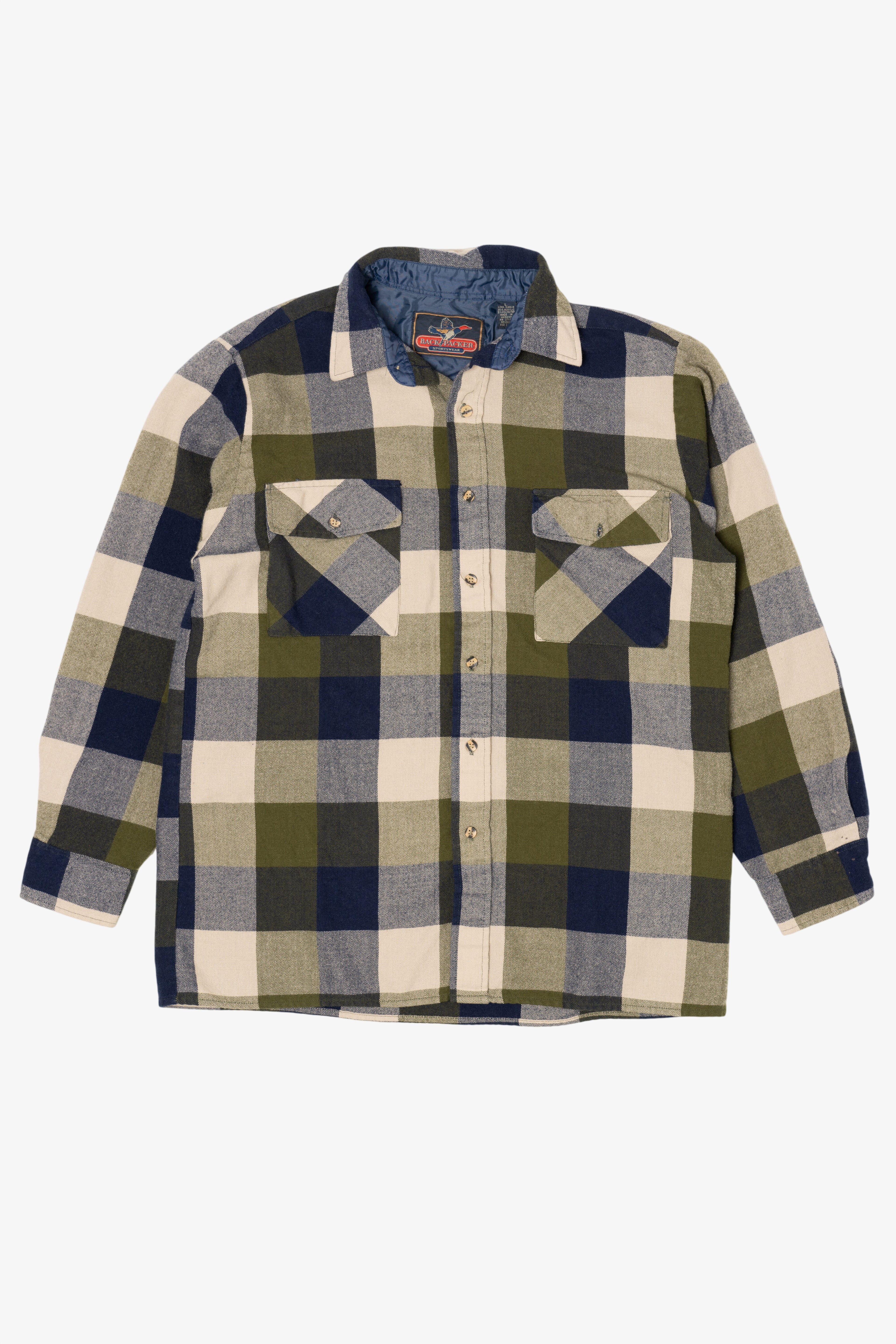 Vintage Navy Blue Back Packer Flannel Button Up Shirt (1990s)