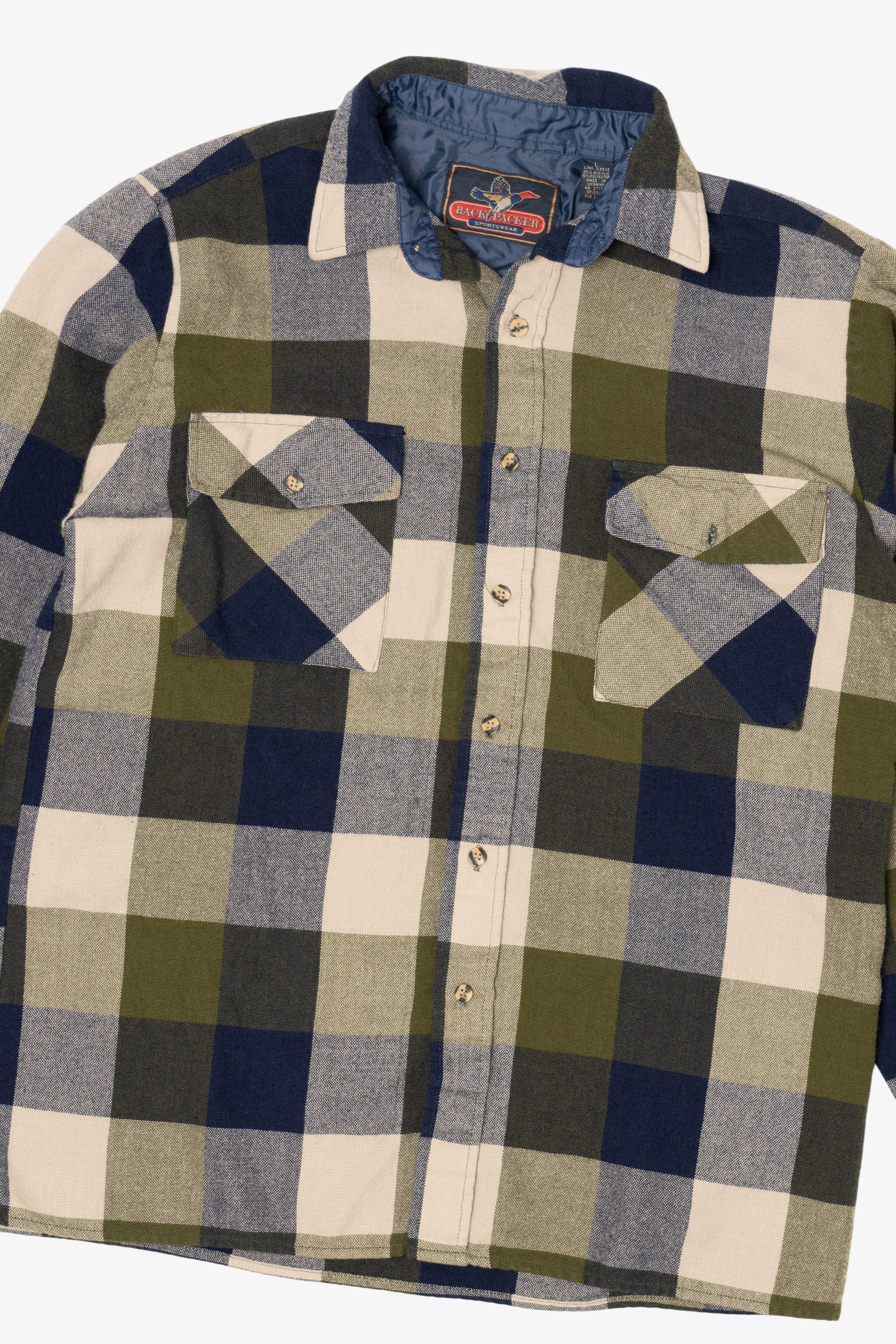 Vintage Navy Blue Back Packer Flannel Button Up Shirt (1990s)