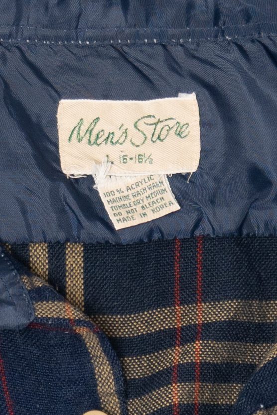 Vintage Yellow And Navy Blue Plaid Men's Store Button Up Flannel Shirt (1970s)