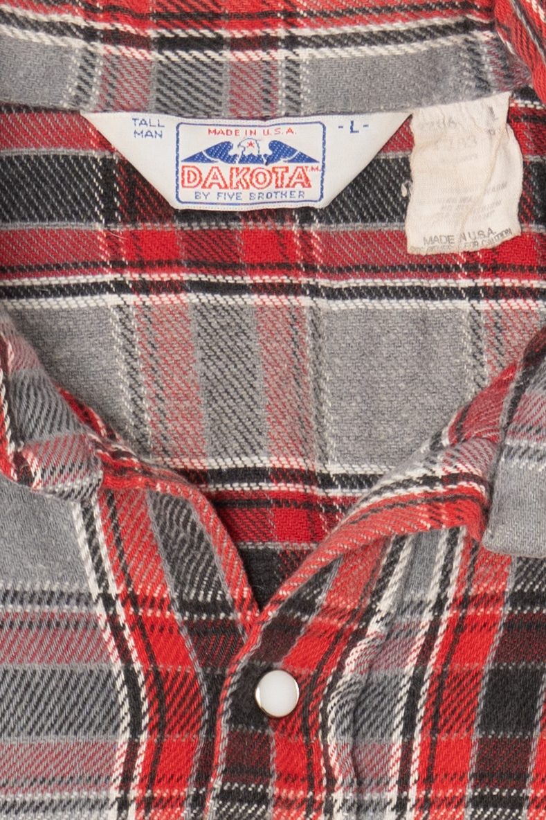 Vintage Red And Gray Plaid Dakota By Five Brothers "Tall Man" Flannel Shirt (1980s)