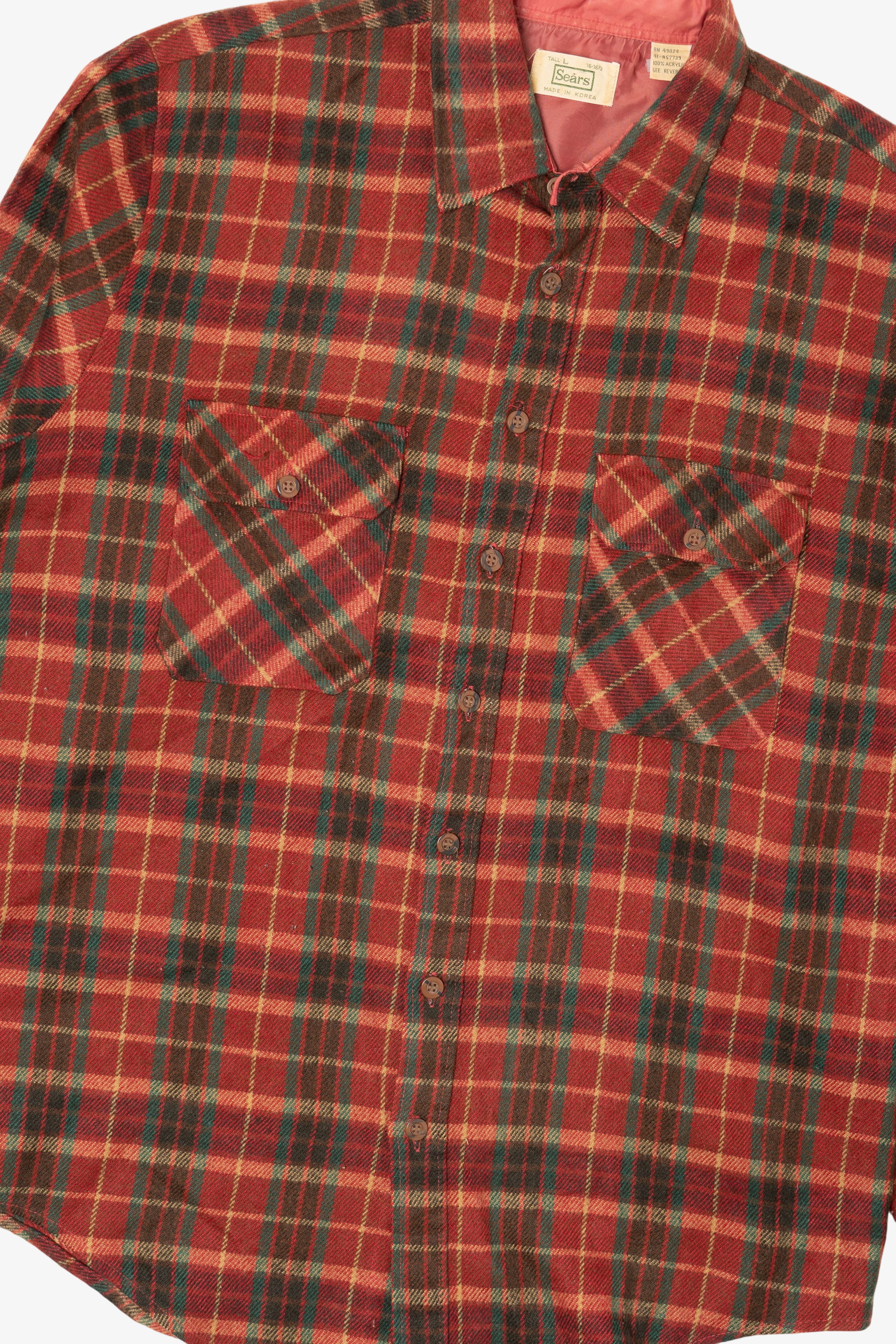 Vintage Burgundy Plaid Sears Tall Flannel Button Up Shirt (1970s)