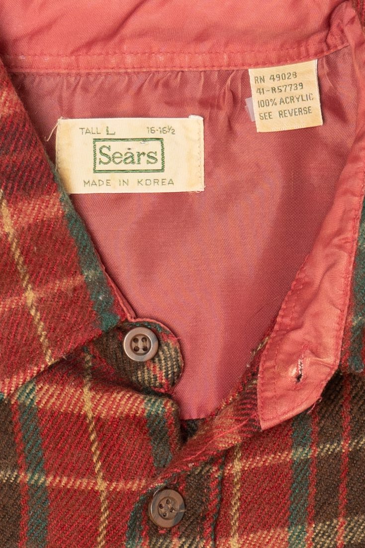 Vintage Burgundy Plaid Sears Tall Flannel Button Up Shirt (1970s)