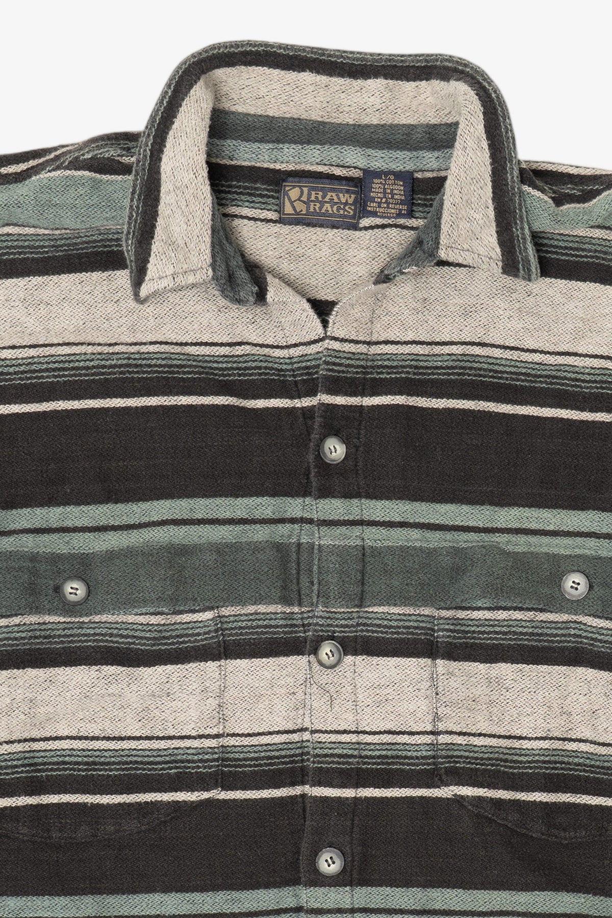 Vintage Green Striped Raw Rags Button Up Flannel Shirt (1990s)