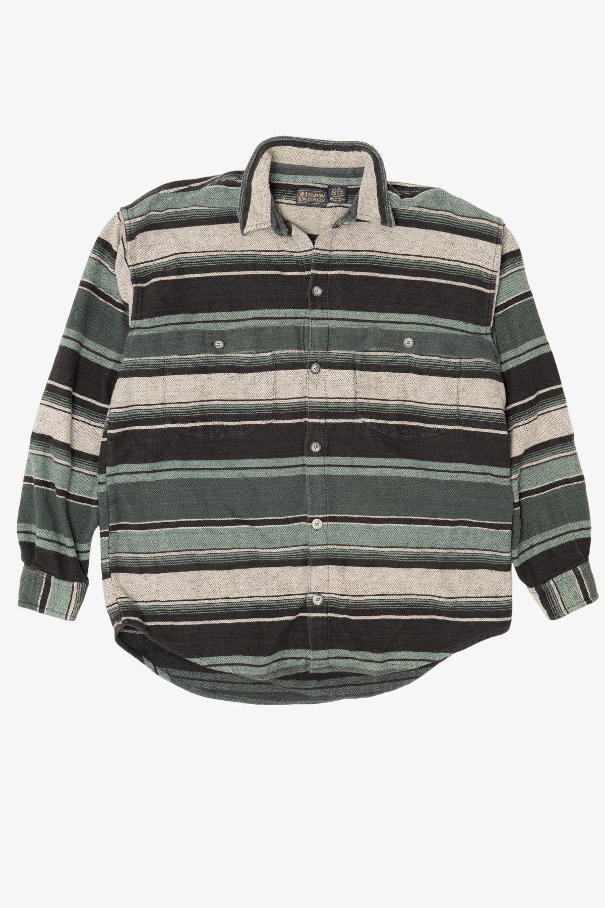 Vintage Green Striped Raw Rags Button Up Flannel Shirt (1990s)