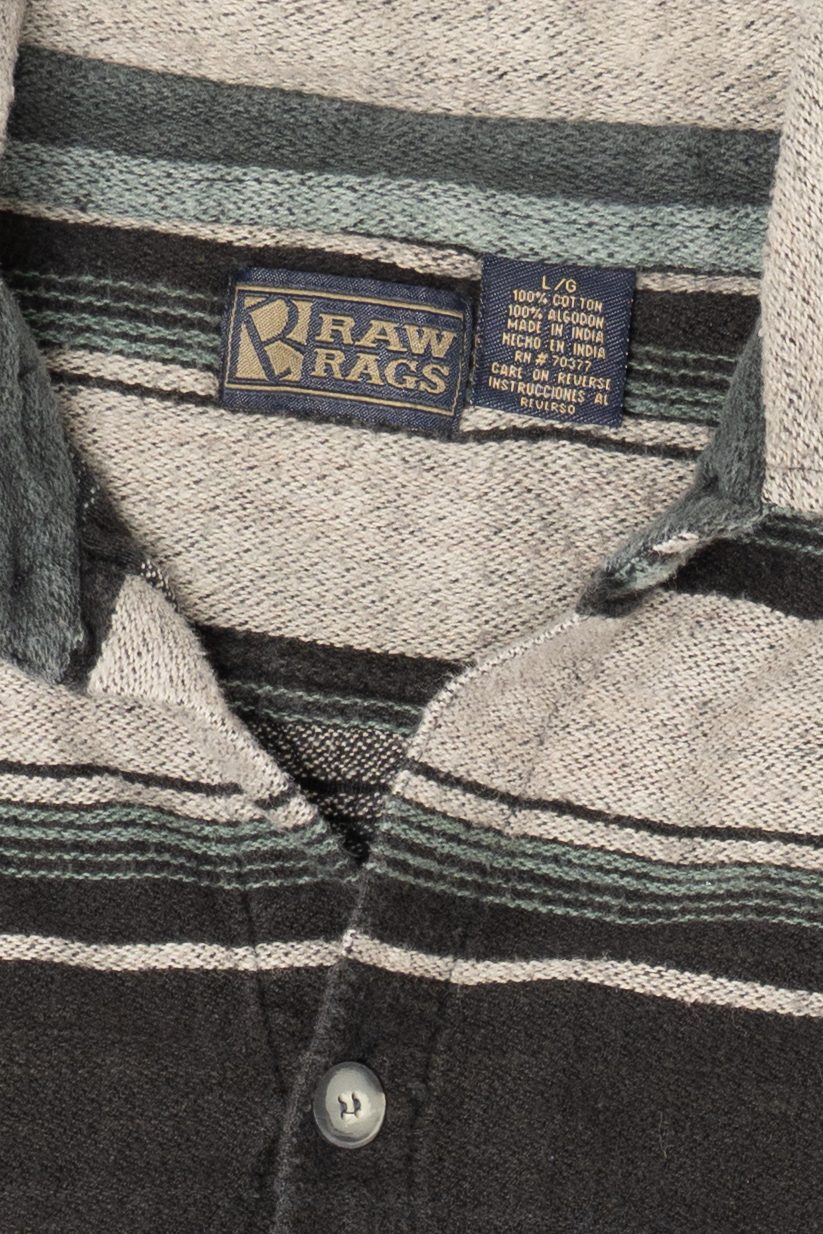 Vintage Green Striped Raw Rags Button Up Flannel Shirt (1990s)