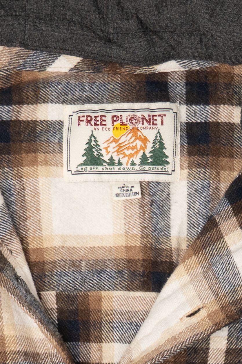 Beige Plaid Free Planet Hooded Button Up Shirt (2010s)