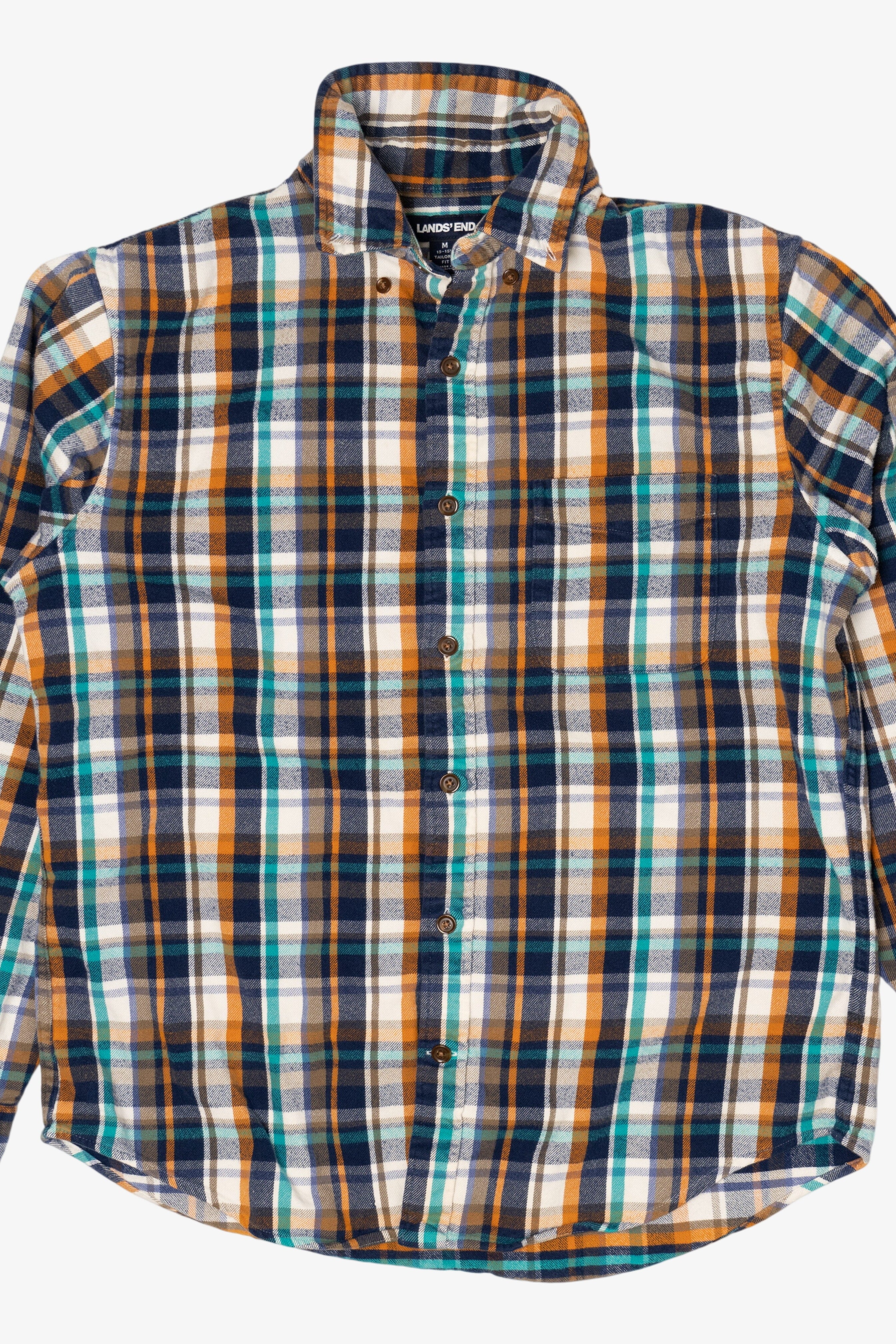 Navy Blue And Orange Lands' End Flannel Shirt