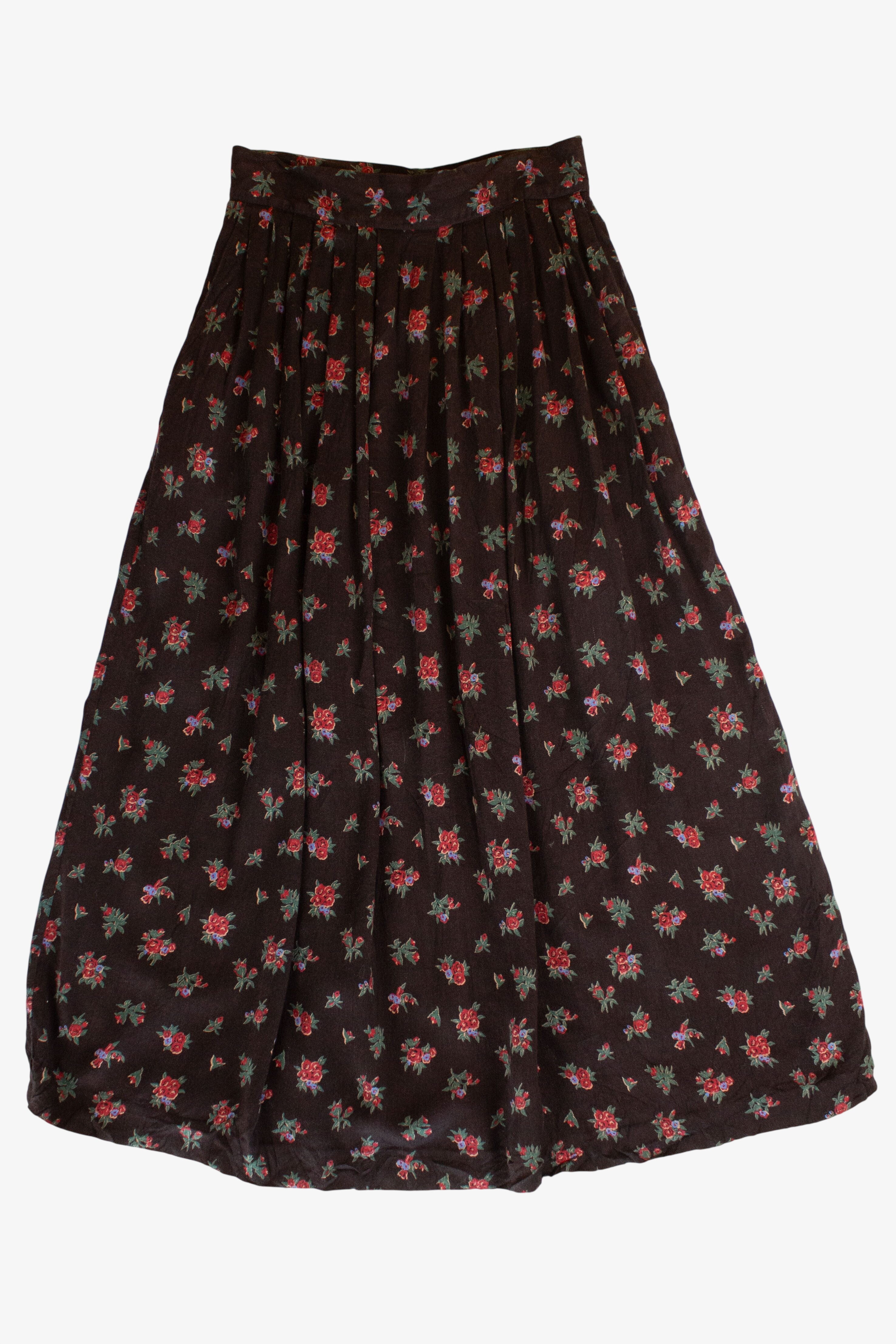 Vintage Black Floral Pleated Maxi Skirt (1990s)