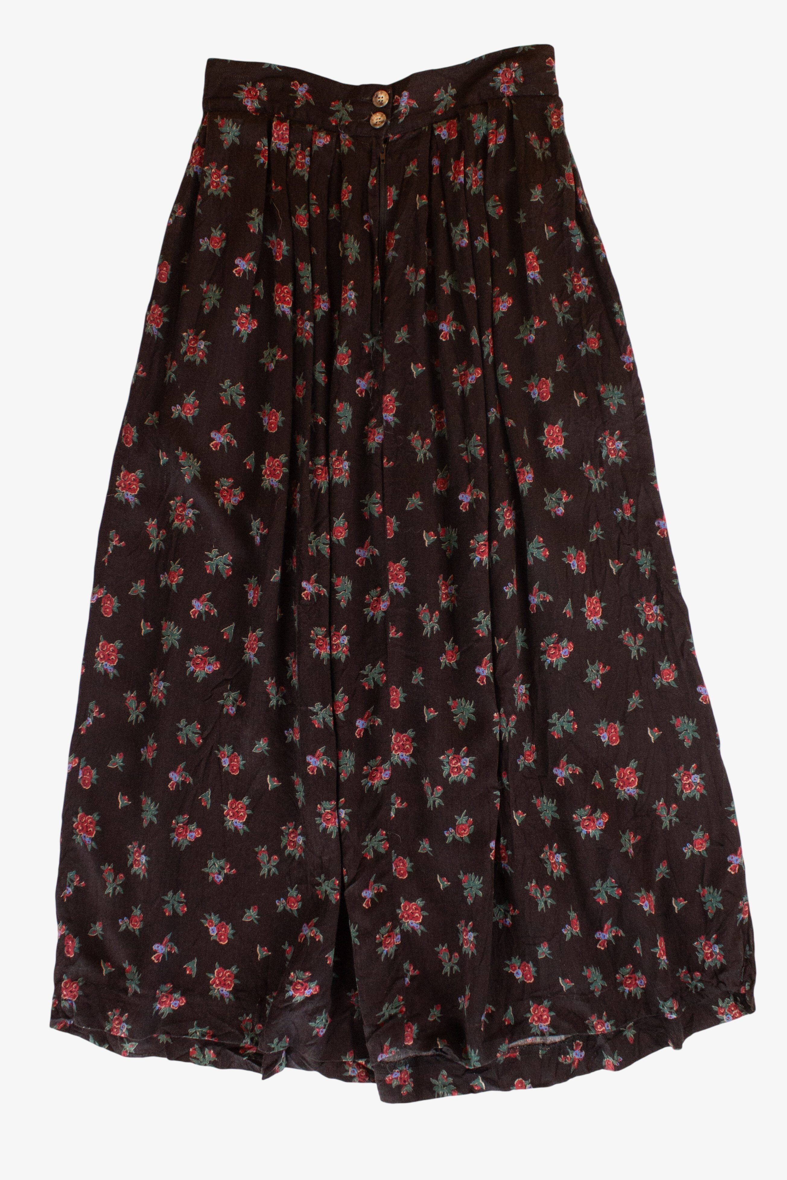 Vintage Black Floral Pleated Maxi Skirt (1990s)