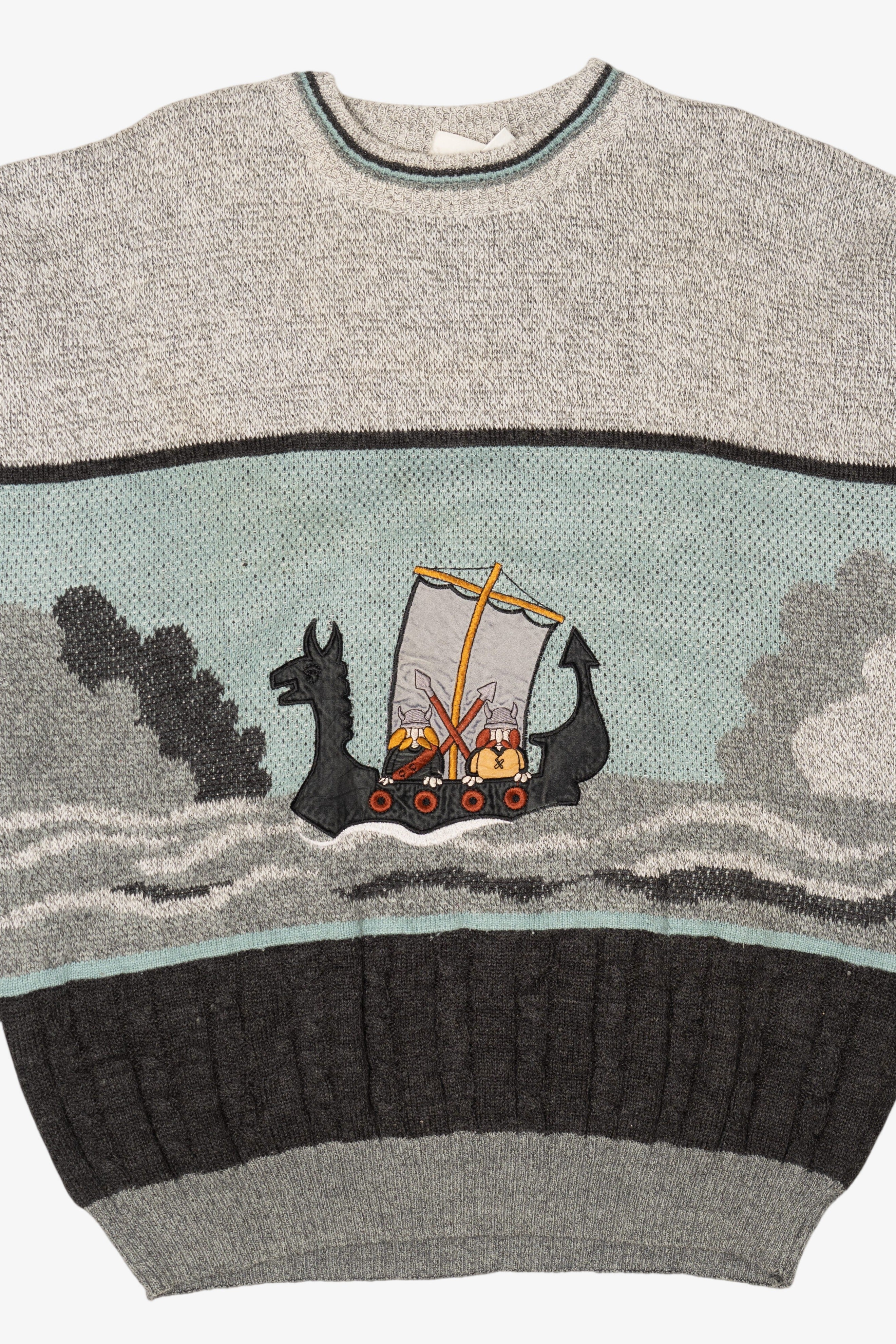 Vintage Light Gray Vikings Sailing The Sea Sweater (1990s)