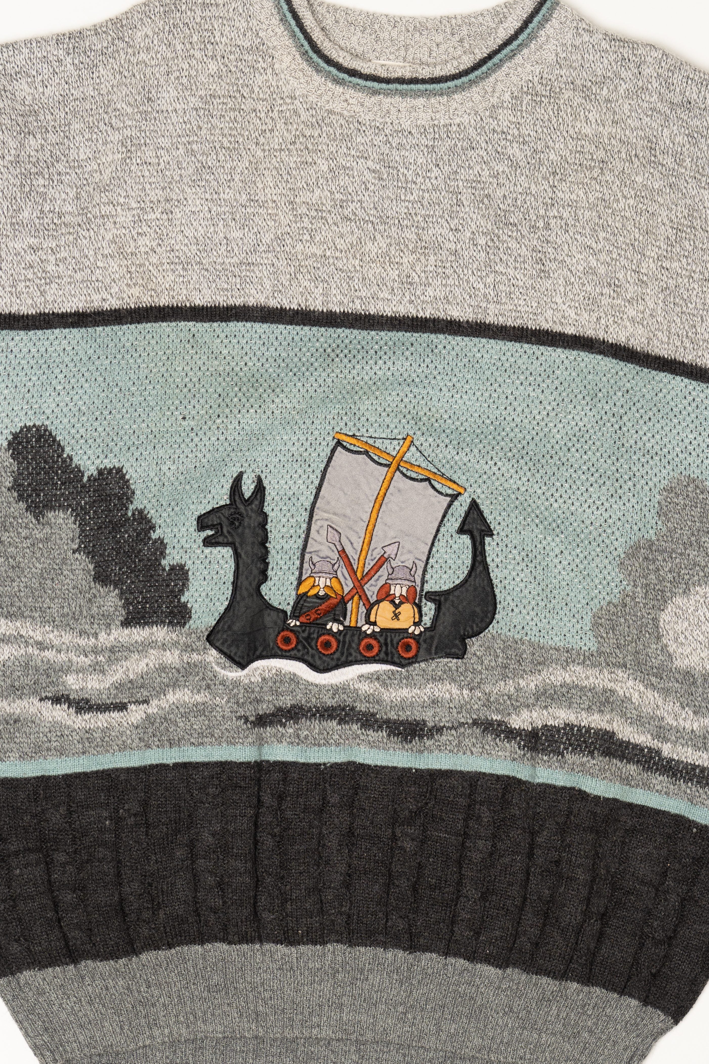 Vintage Light Gray Vikings Sailing The Sea Sweater (1990s)