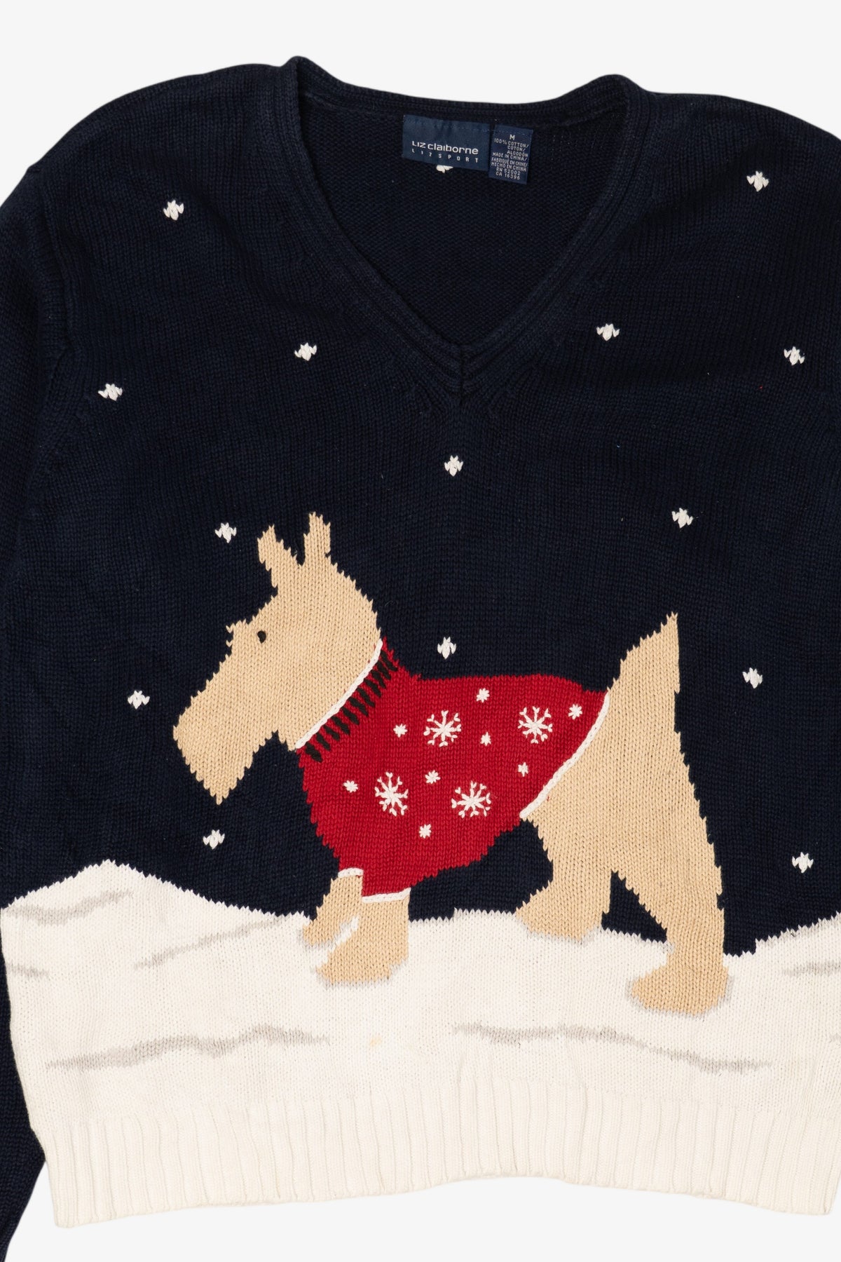 Vintage Navy Blue Liz Claiborne Scottie Dog In Snow Sweater (1990s)