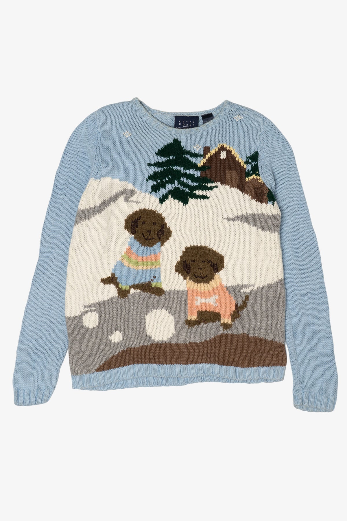 Vintage Light Blue Puppies In Snow Graphic Sweater (1990s)