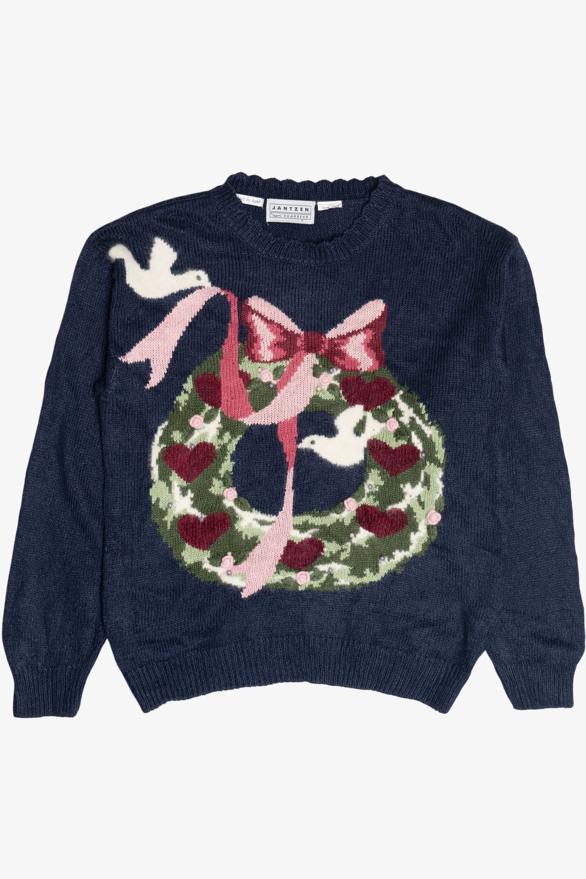 Vintage Hand Embroidered Heart Wreath Graphic Sweater (1990s)