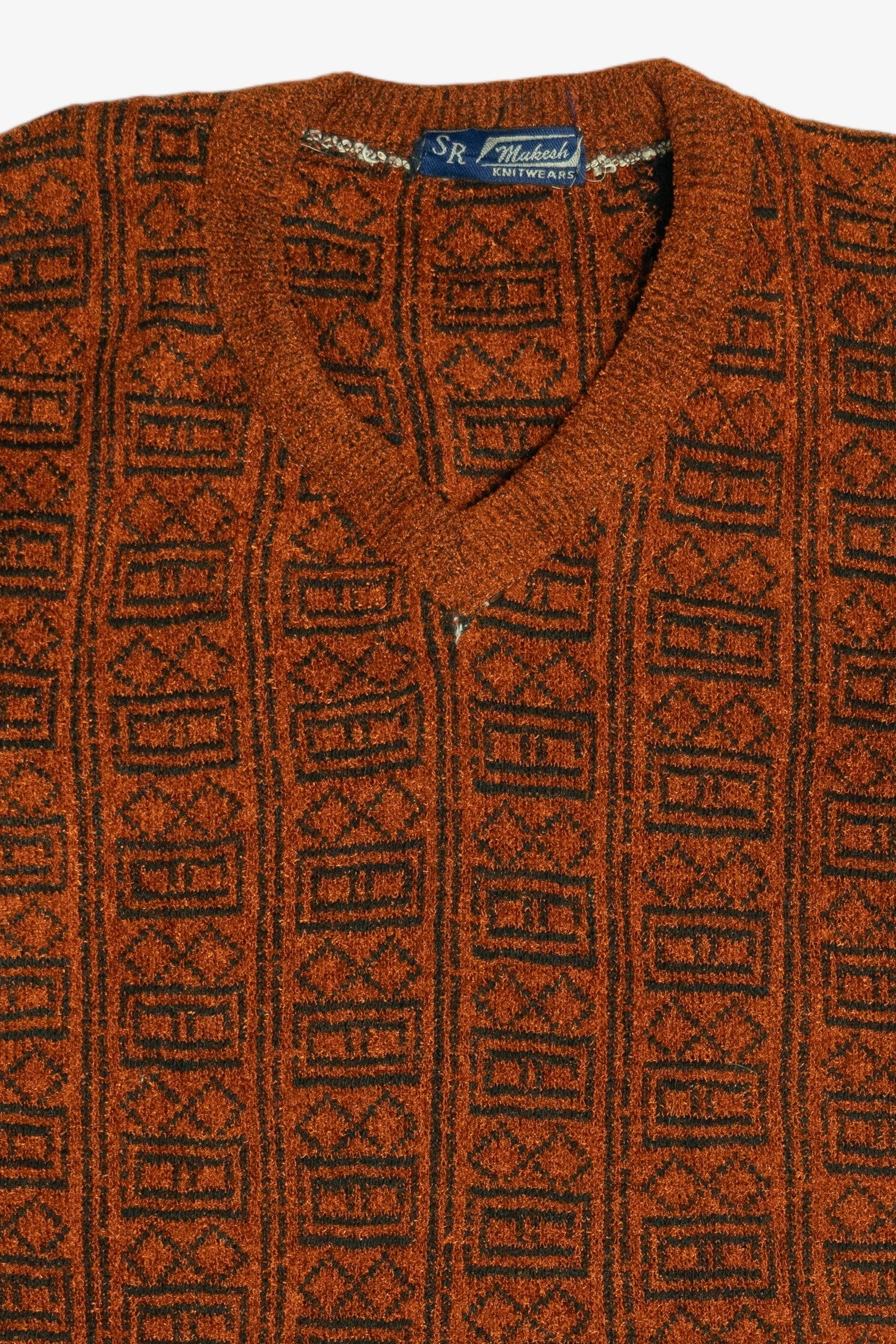 Vintage Burnt Orange V-Neck Chenille Sweater (1980s)