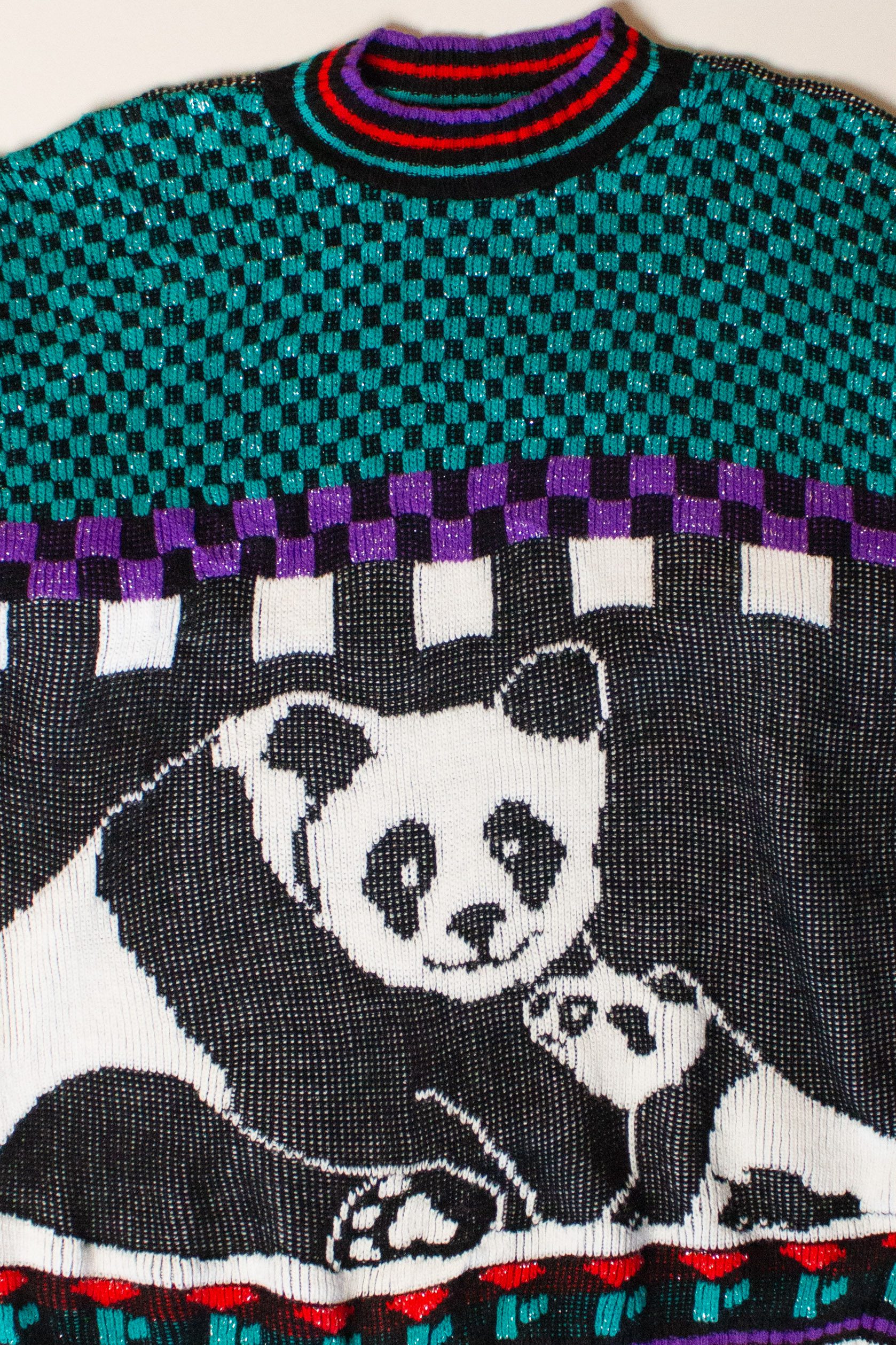 Vintage Checkerboard Pandas Graphic Sweater (1980s)