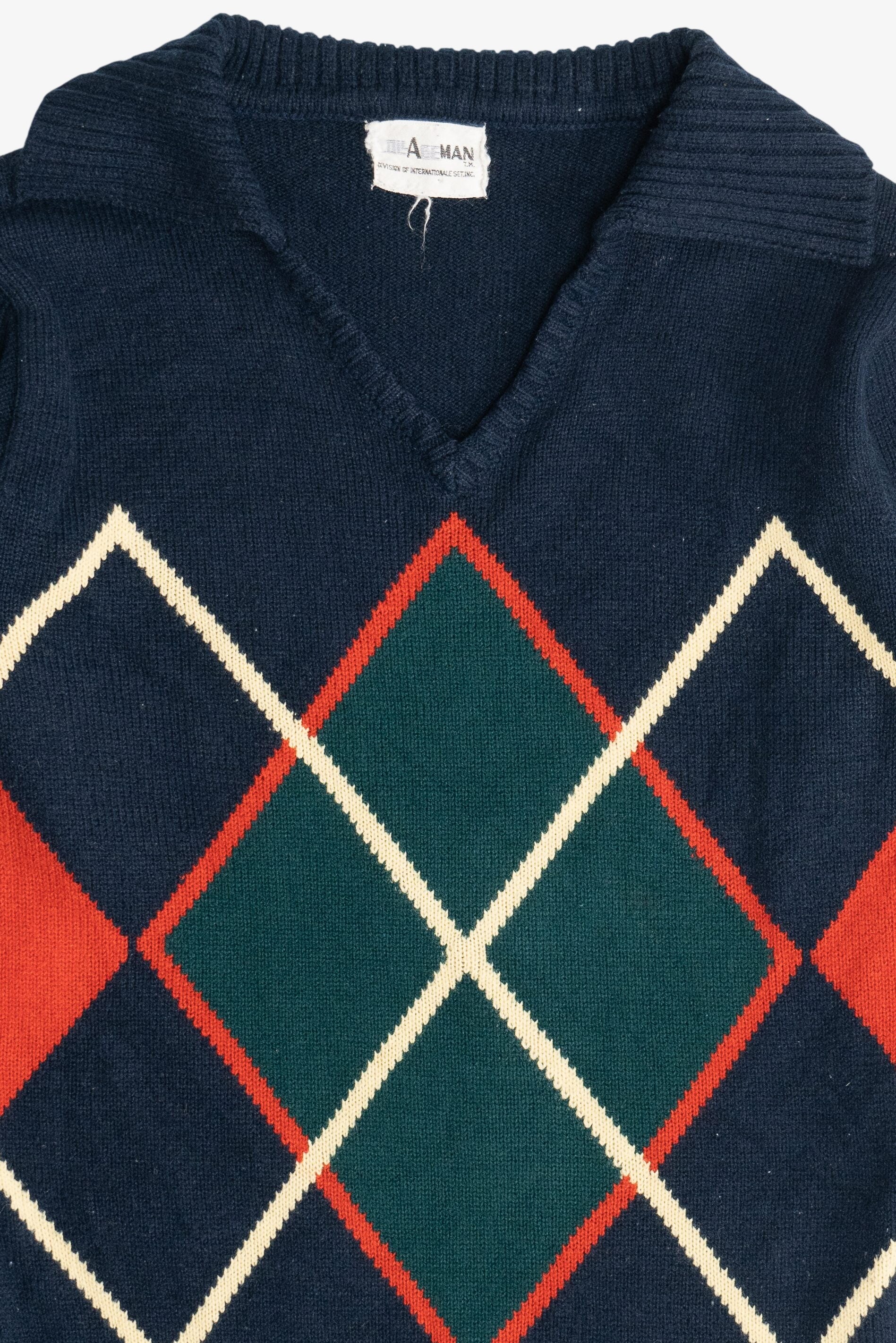 Vintage Argyle V-Neck Collared Sweater (1970s)