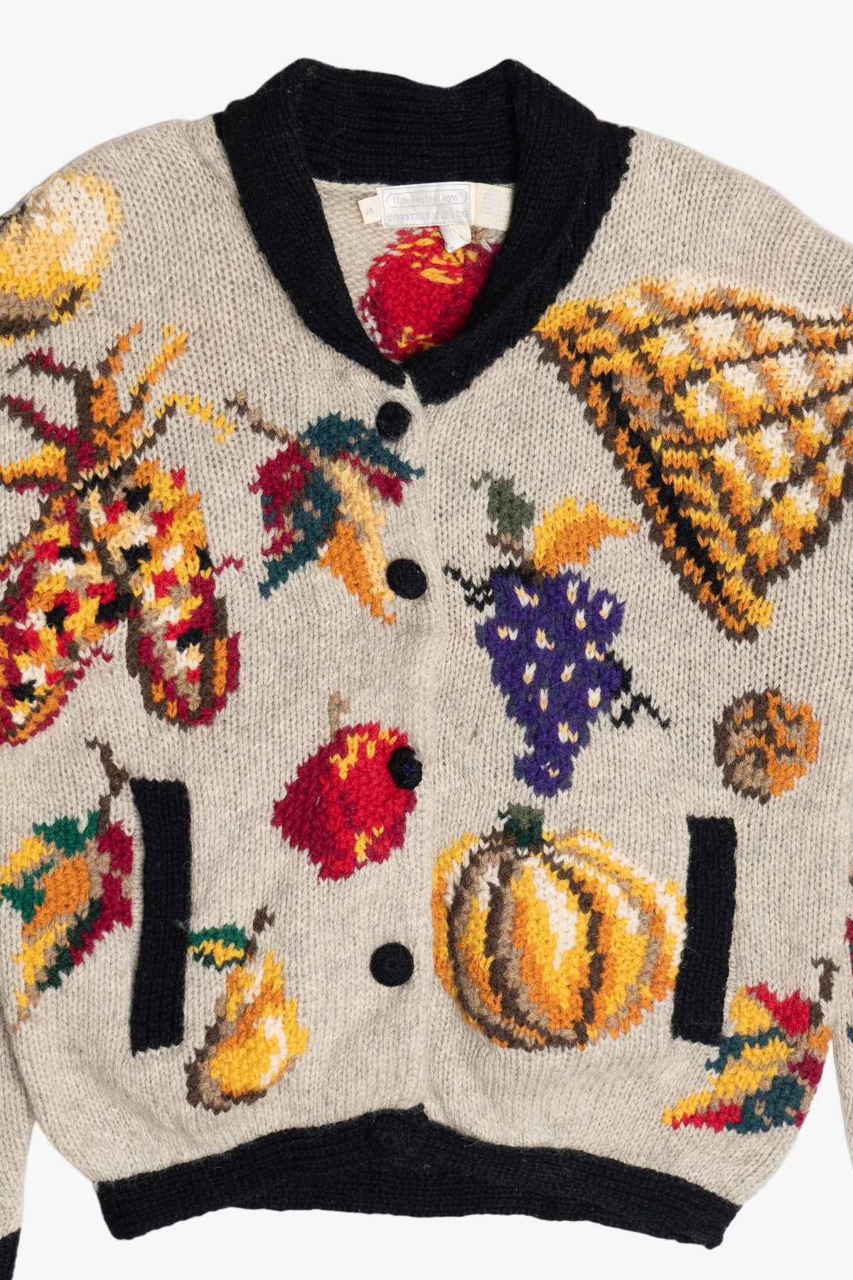 Vintage Hand Knit Vegetables And Fruit Cornucopia Eagle's Eye Cardigan Sweater (1990s)