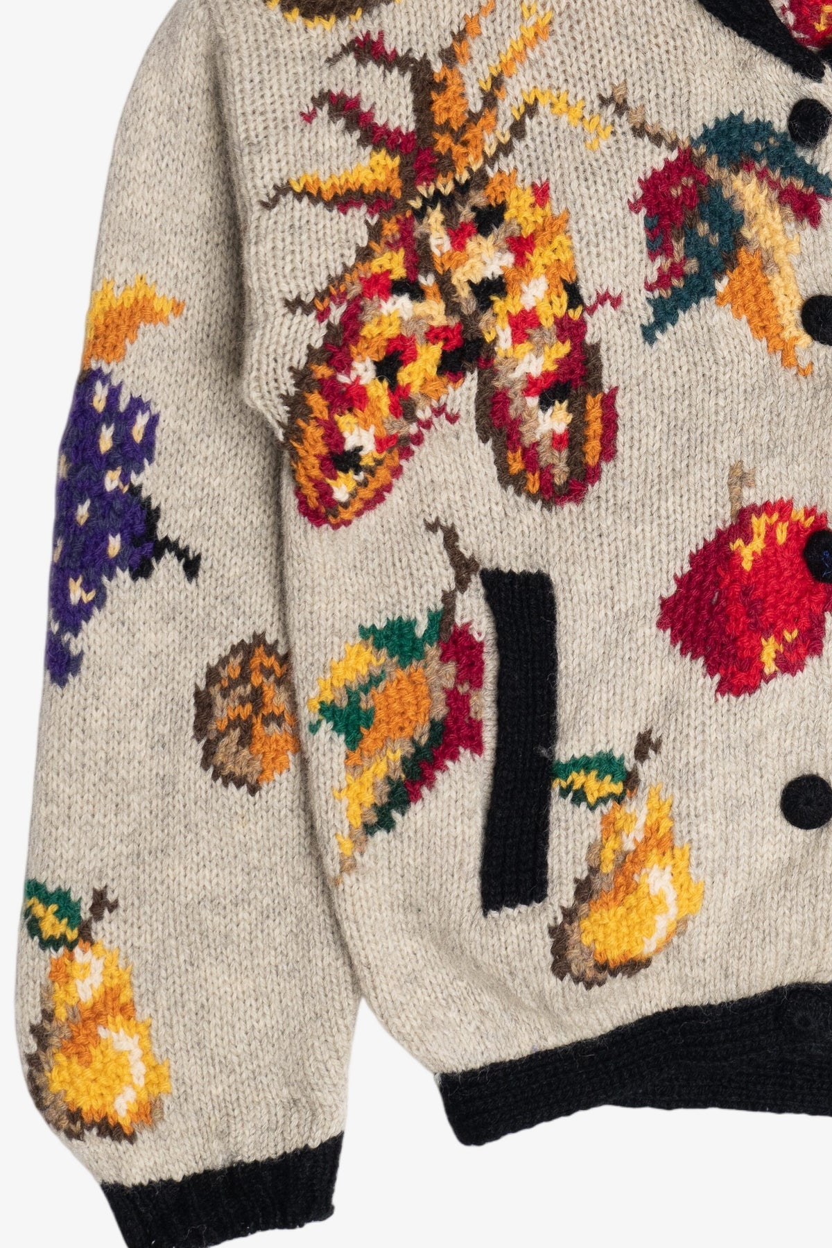 Vintage Hand Knit Vegetables And Fruit Cornucopia Eagle's Eye Cardigan Sweater (1990s)