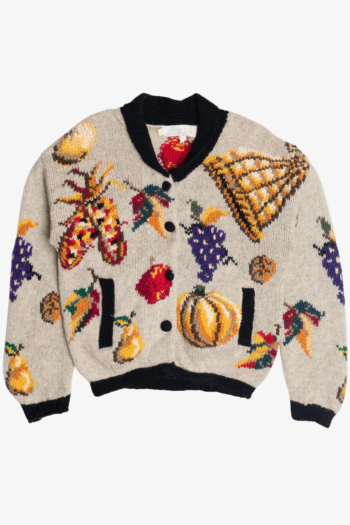 Vintage Hand Knit Vegetables And Fruit Cornucopia Eagle's Eye Cardigan Sweater (1990s)