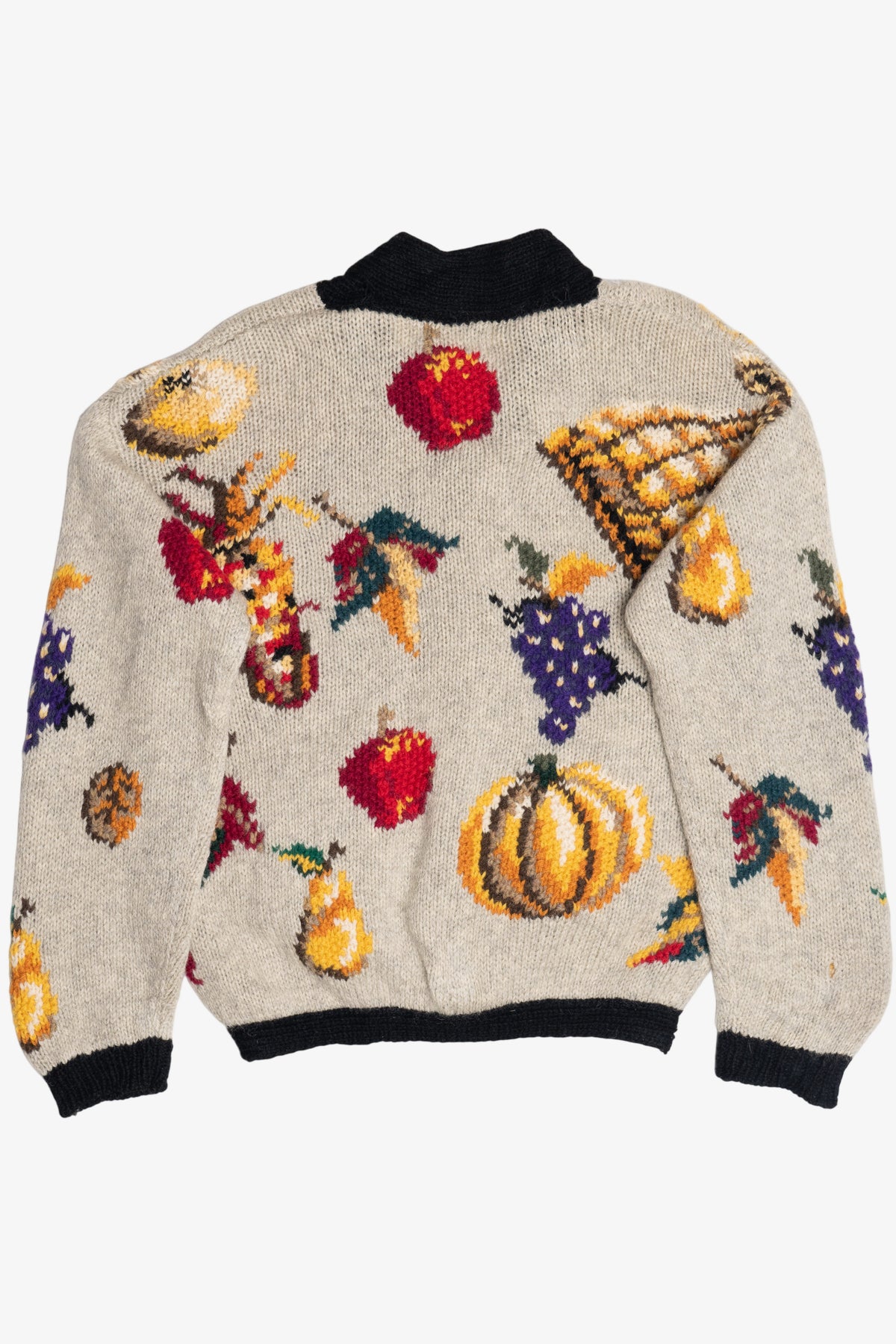 Vintage Hand Knit Vegetables And Fruit Cornucopia Eagle's Eye Cardigan Sweater (1990s)