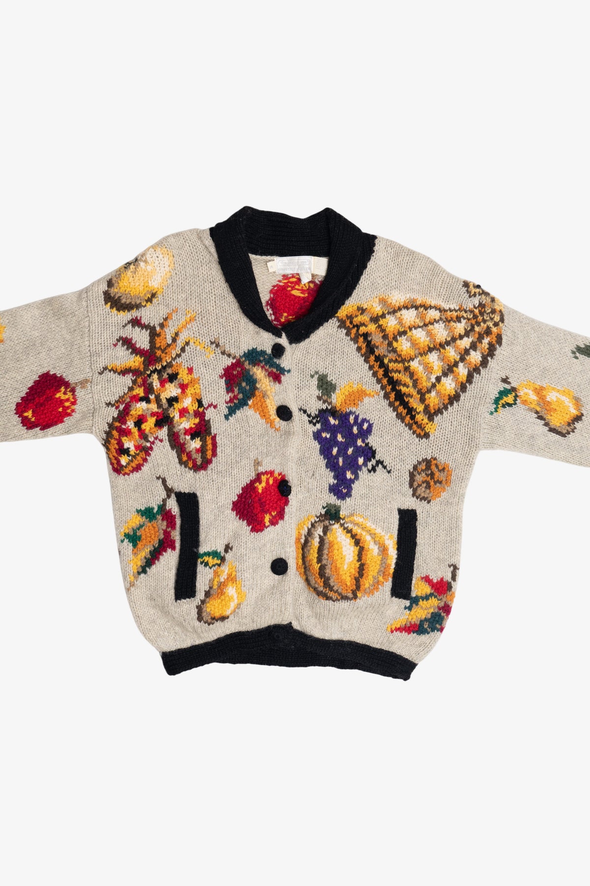 Vintage Hand Knit Vegetables And Fruit Cornucopia Eagle's Eye Cardigan Sweater (1990s)