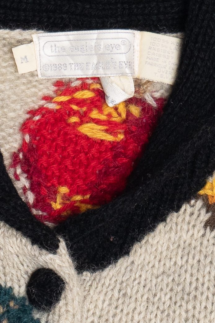 Vintage Hand Knit Vegetables And Fruit Cornucopia Eagle's Eye Cardigan Sweater (1990s)
