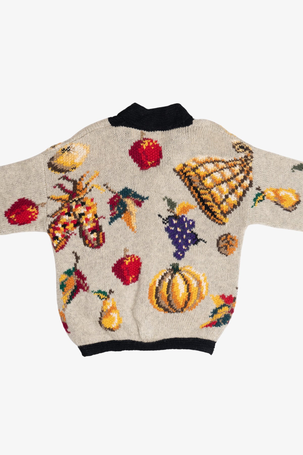 Vintage Hand Knit Vegetables And Fruit Cornucopia Eagle's Eye Cardigan Sweater (1990s)