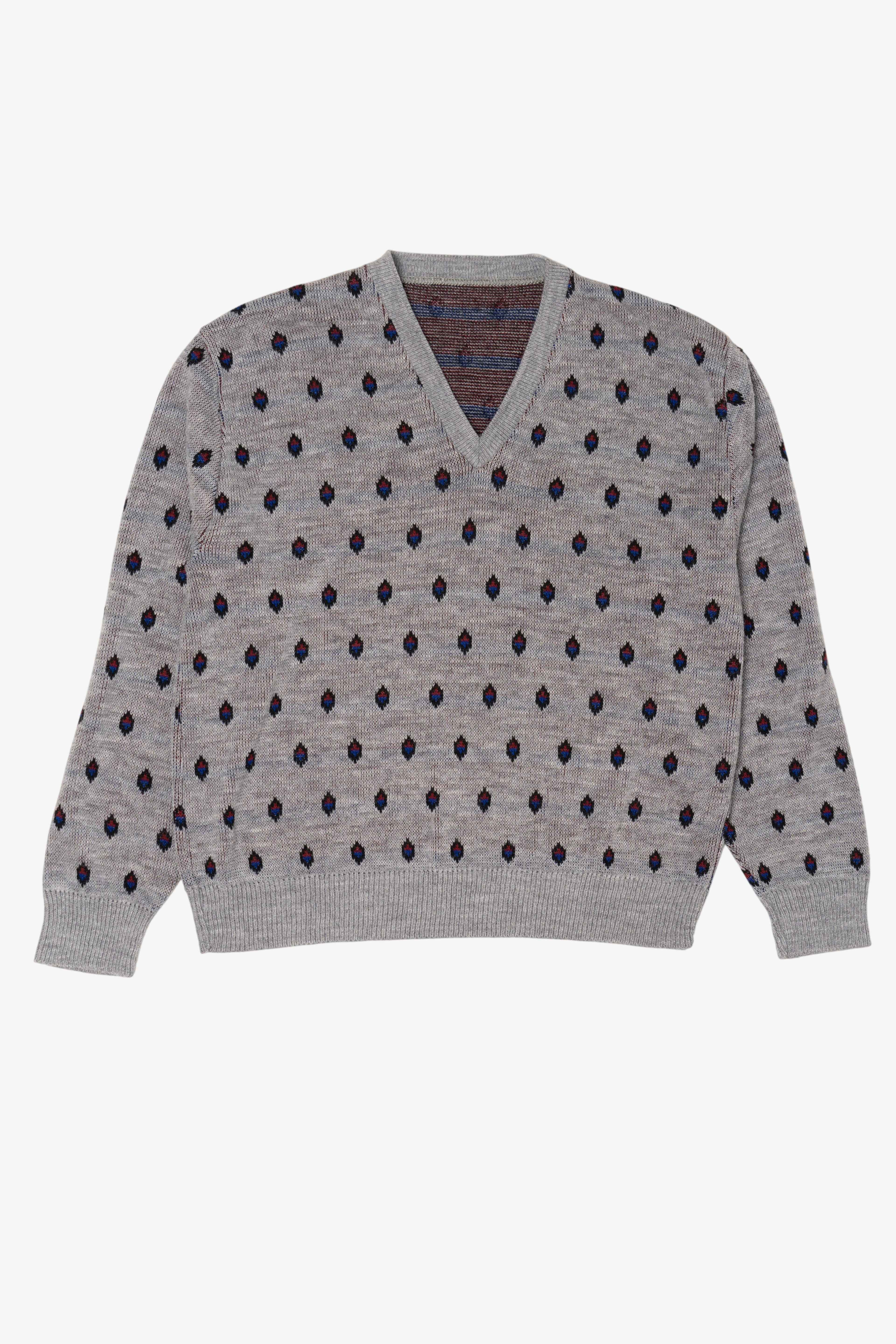 Vintage Light Gray Diamond Pattern V-Neck Sweater (1990s)