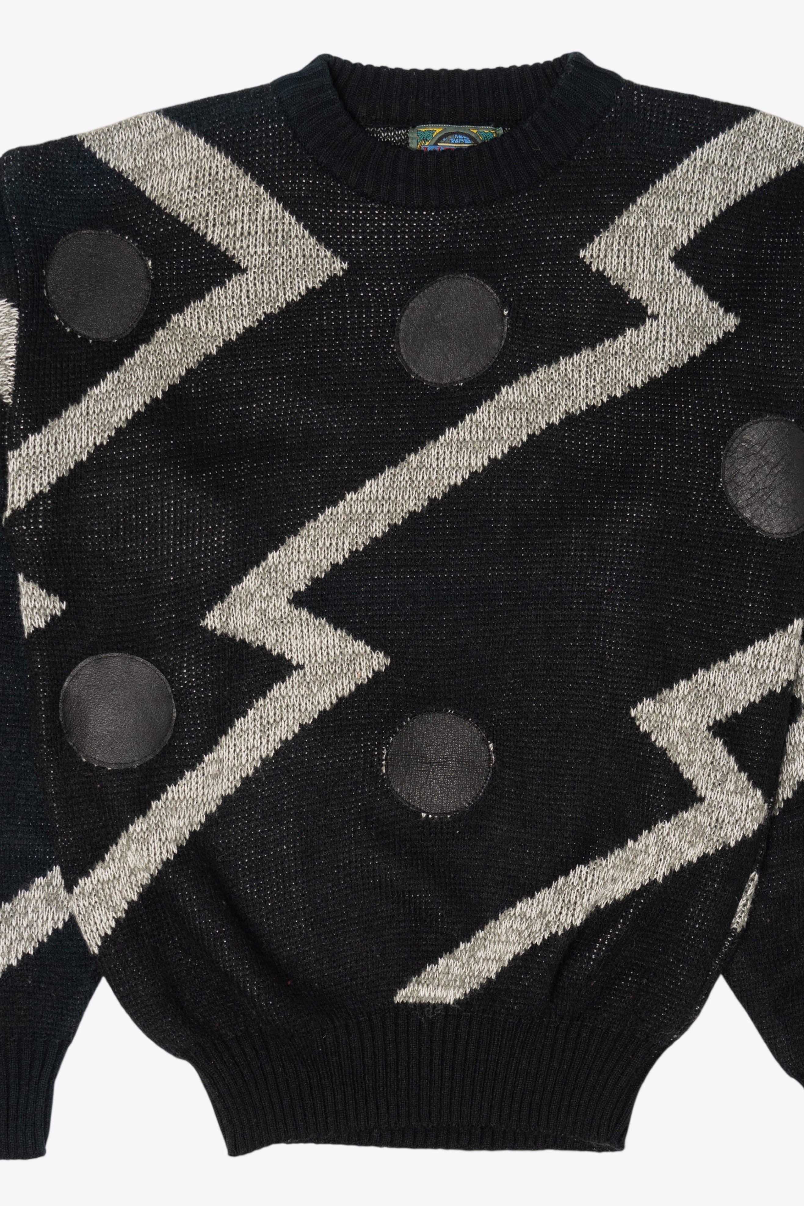 Vintage Black Weeds Geometric Graphic Leather Patches Sweater (1980s)