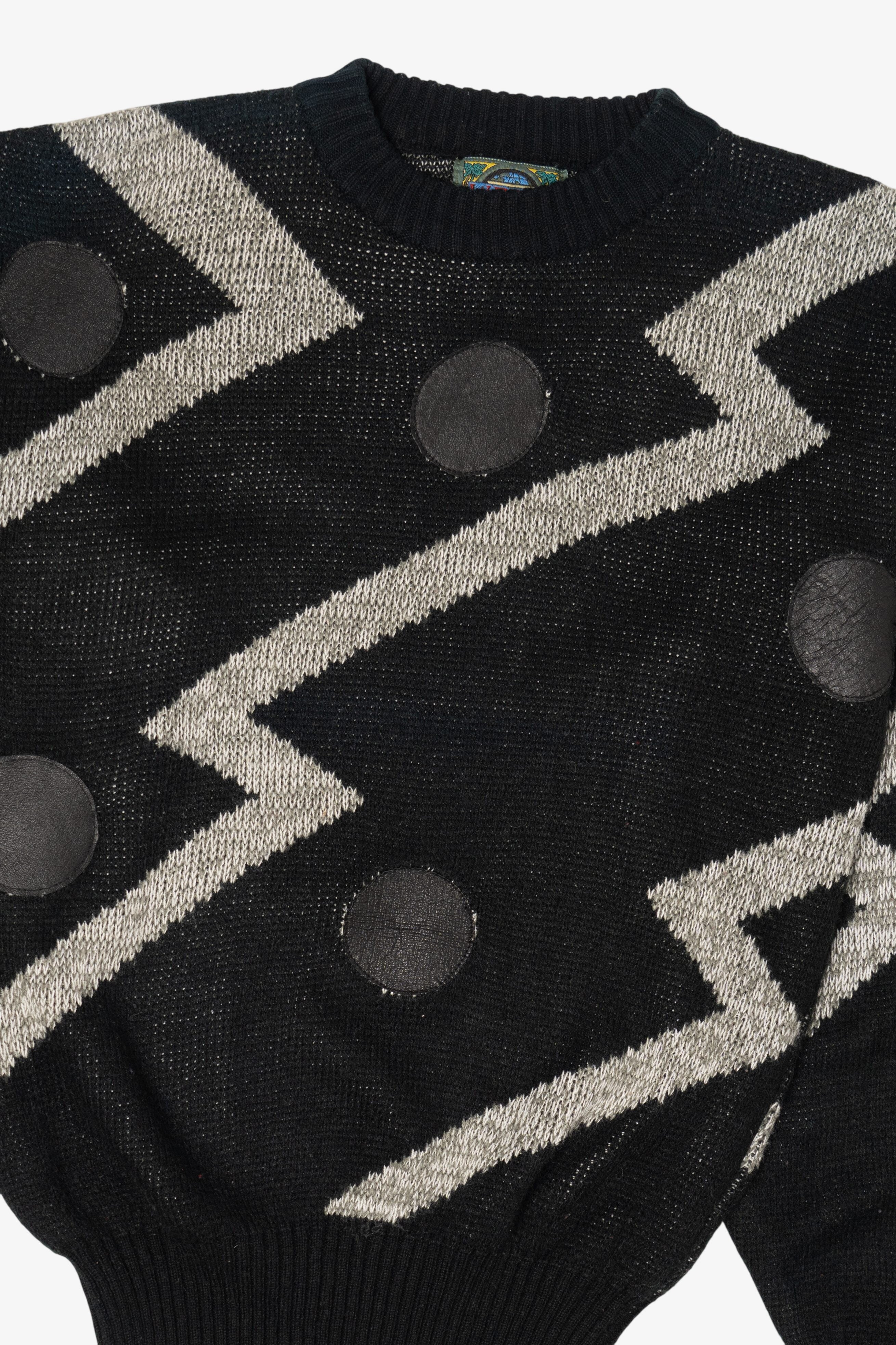 Vintage Black Weeds Geometric Graphic Leather Patches Sweater (1980s)