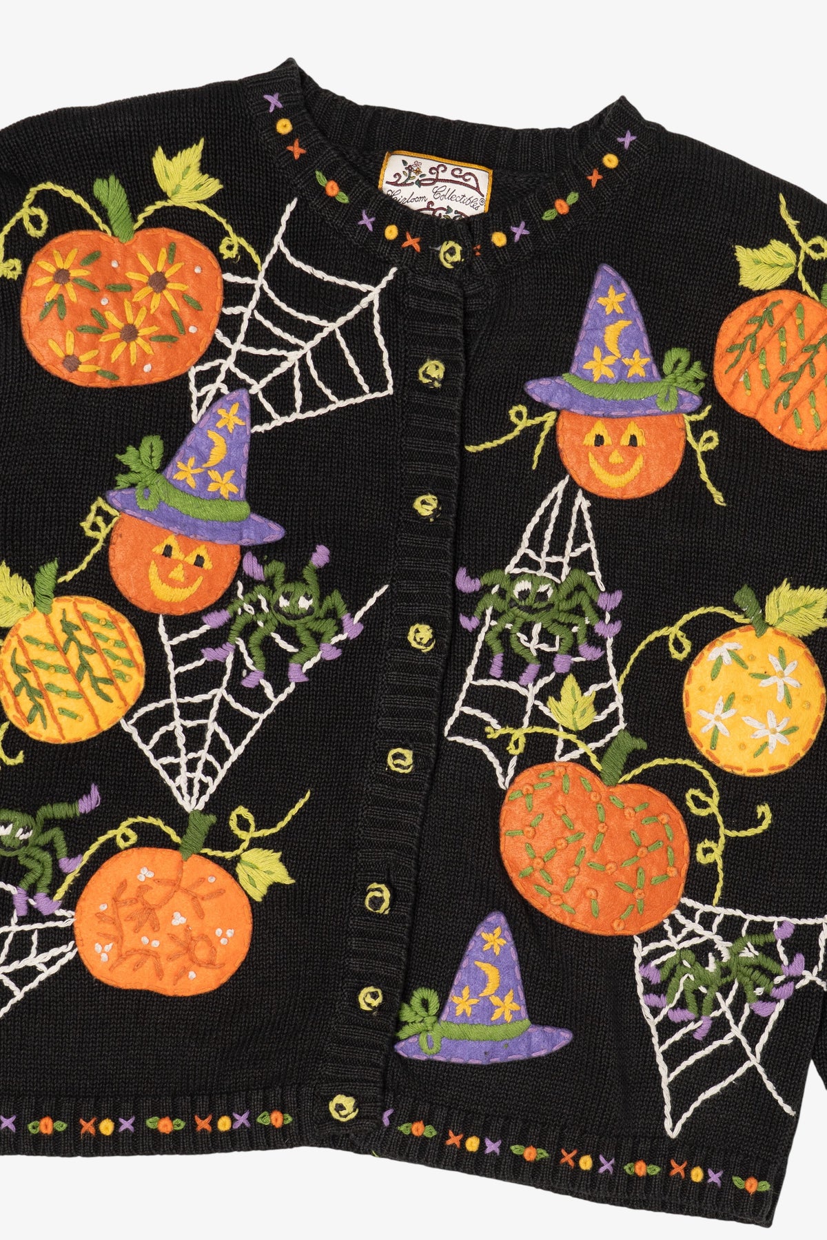 Vintage Embroidered Halloween Pumpkins And Spiders Distressed Sweater (2000s)