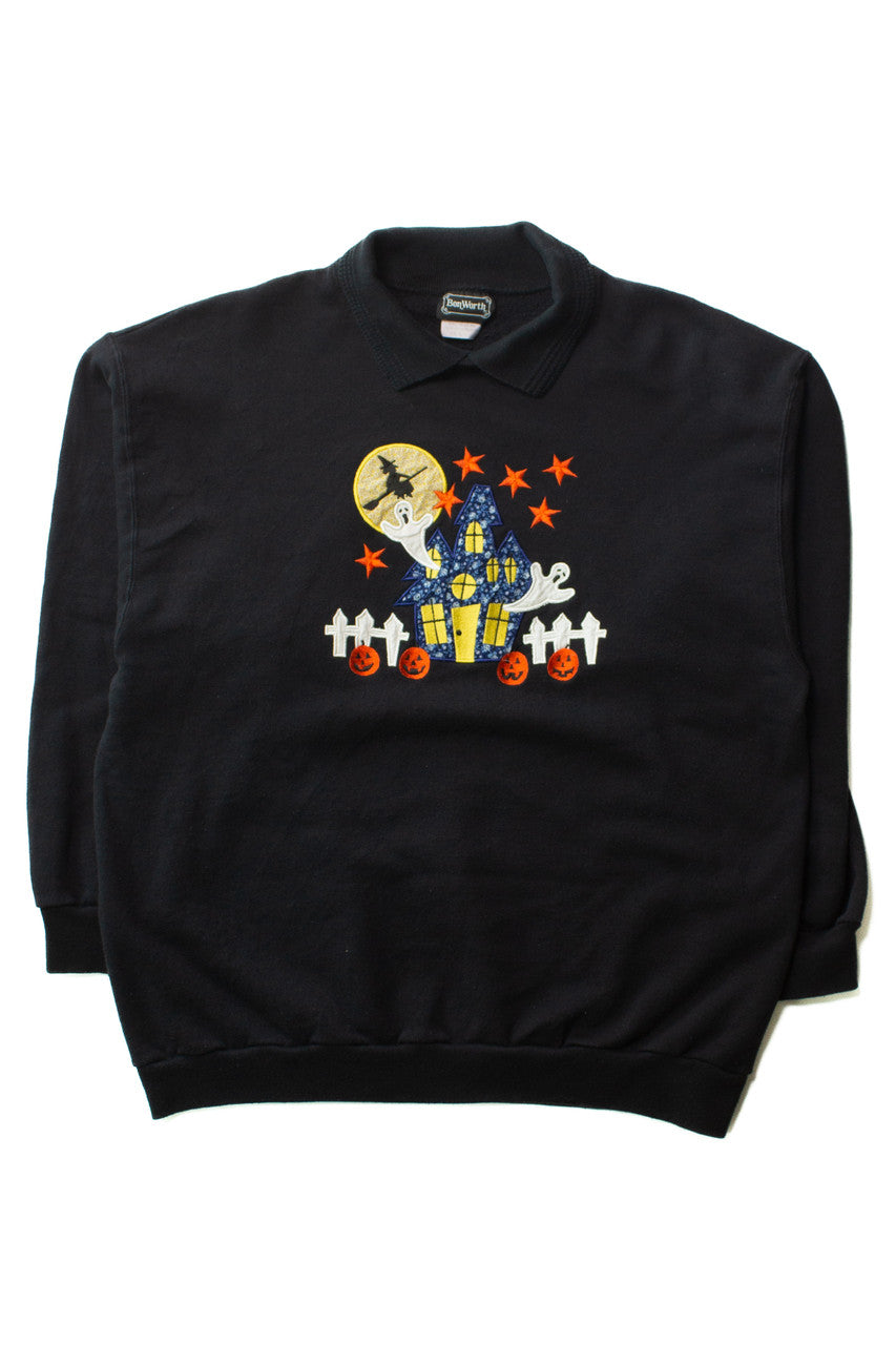 Vintage Collared Haunted House Halloween Sweatshirt (1990s)