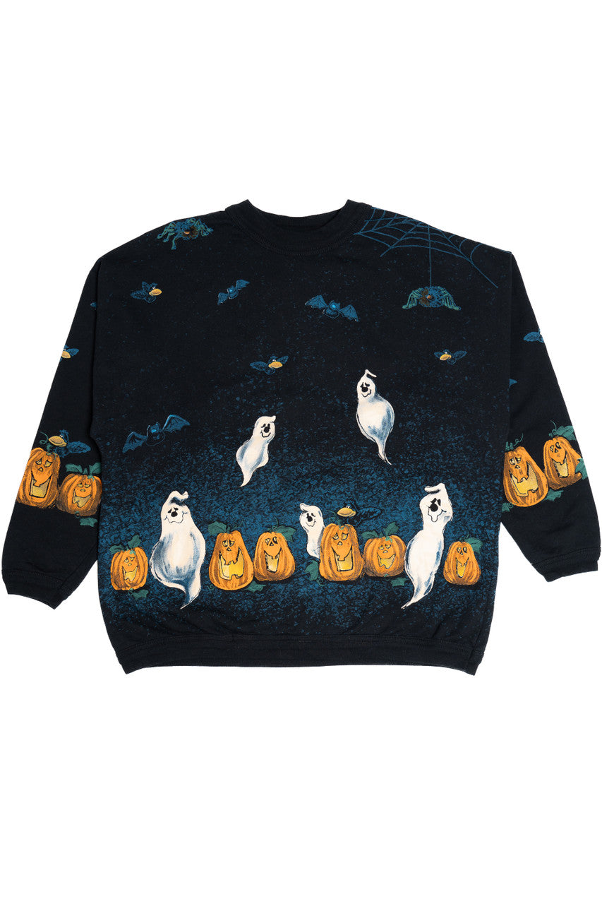Vintage Ghosts Bats And Pumpkins All Over Print Halloween Sweater