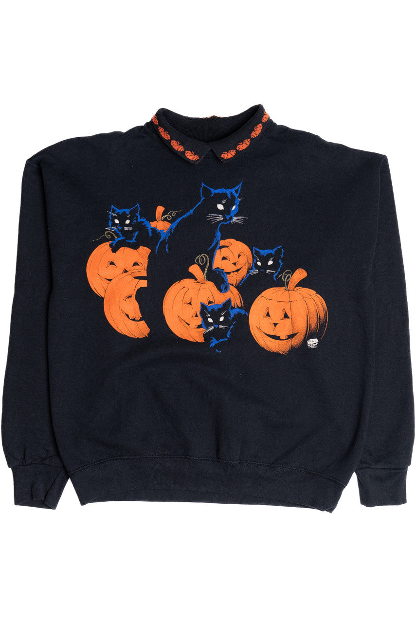 Vintage Black Cats & Jack-O-Lantern Carved Pumpkins Halloween Sweater