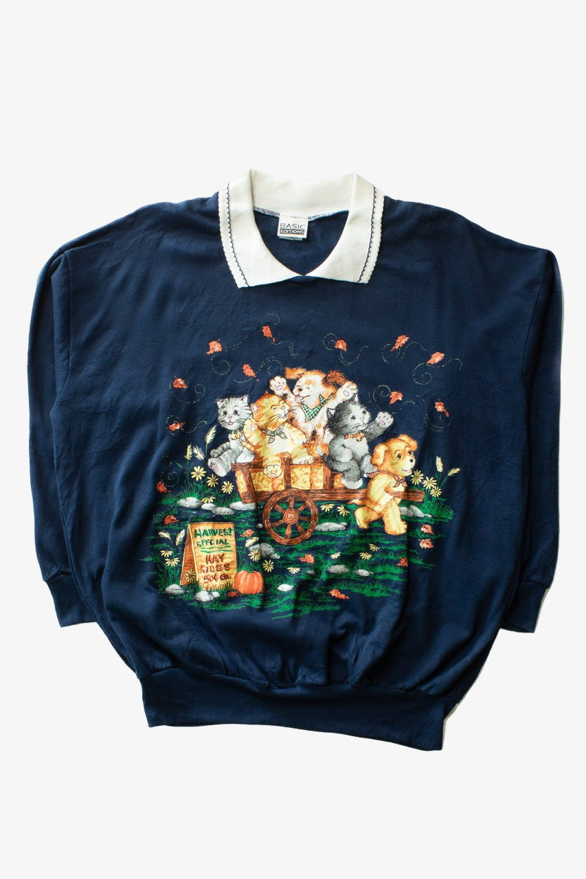 Vintage Puppies & Kittens Hay Ride Halloween Sweatshirt (1990s)