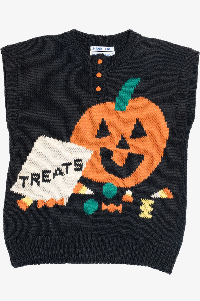 Vintage "Treats" Jack-O-Lantern Hand Knit Halloween Sweater Vest