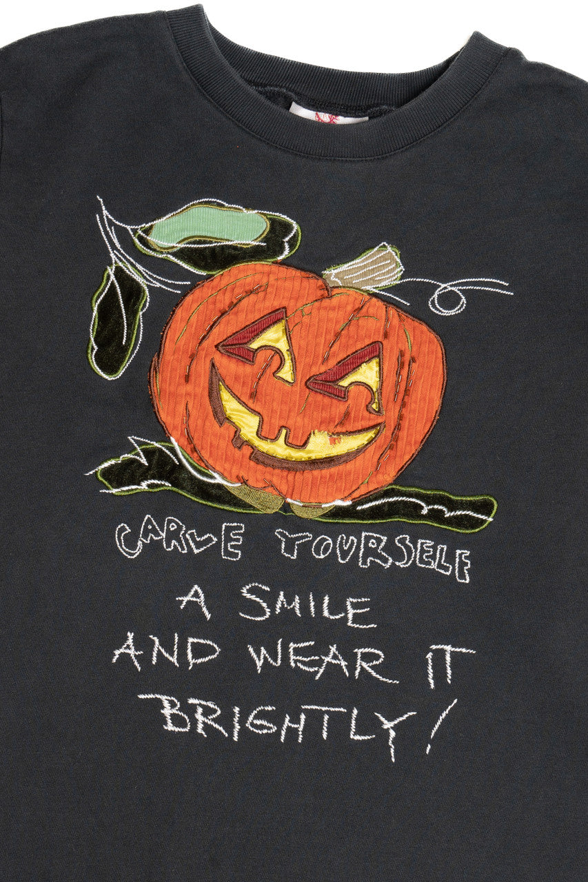Vintage "Carve Yourself A Smile" Corduroy Applique Embroidered Halloween Sweatshirt