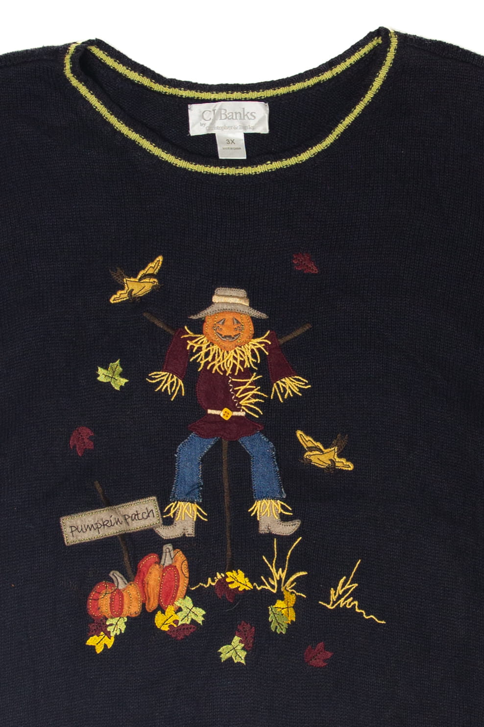 Vintage Pumpkin Patch Scarecrow Front/Back Autumn Harvest Sweater (1990s)