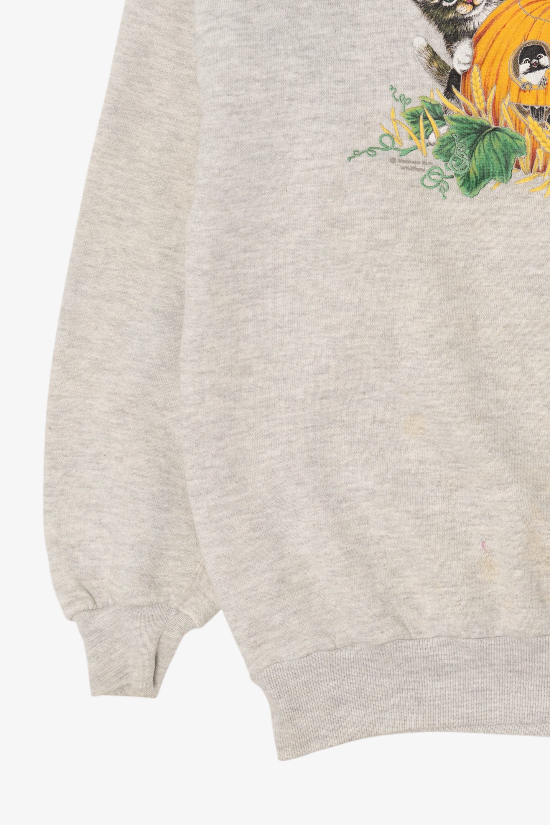 Vintage Light Gray Kitten Birds And Pumpkin Halloween Sweatshirt (1990s)