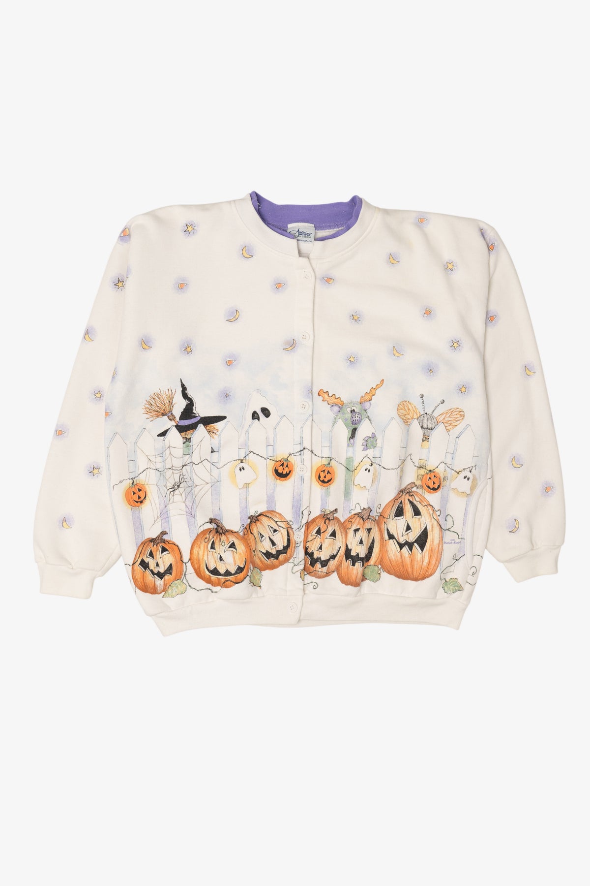Vintage Jack O Lanterns Artisans All Over Halloween Print Cardigan (1990s)