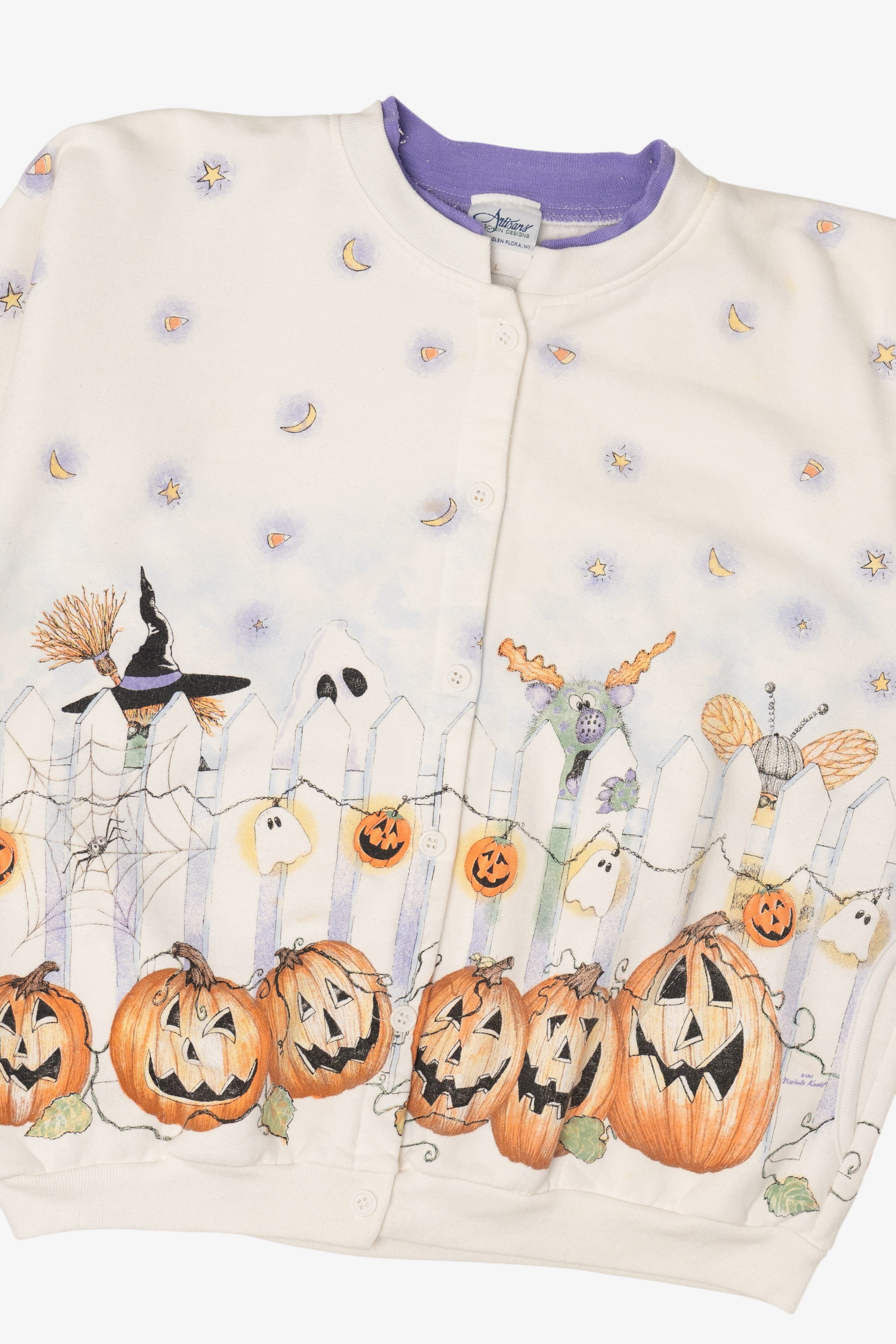 Vintage Jack O Lanterns Artisans All Over Halloween Print Cardigan (1990s)