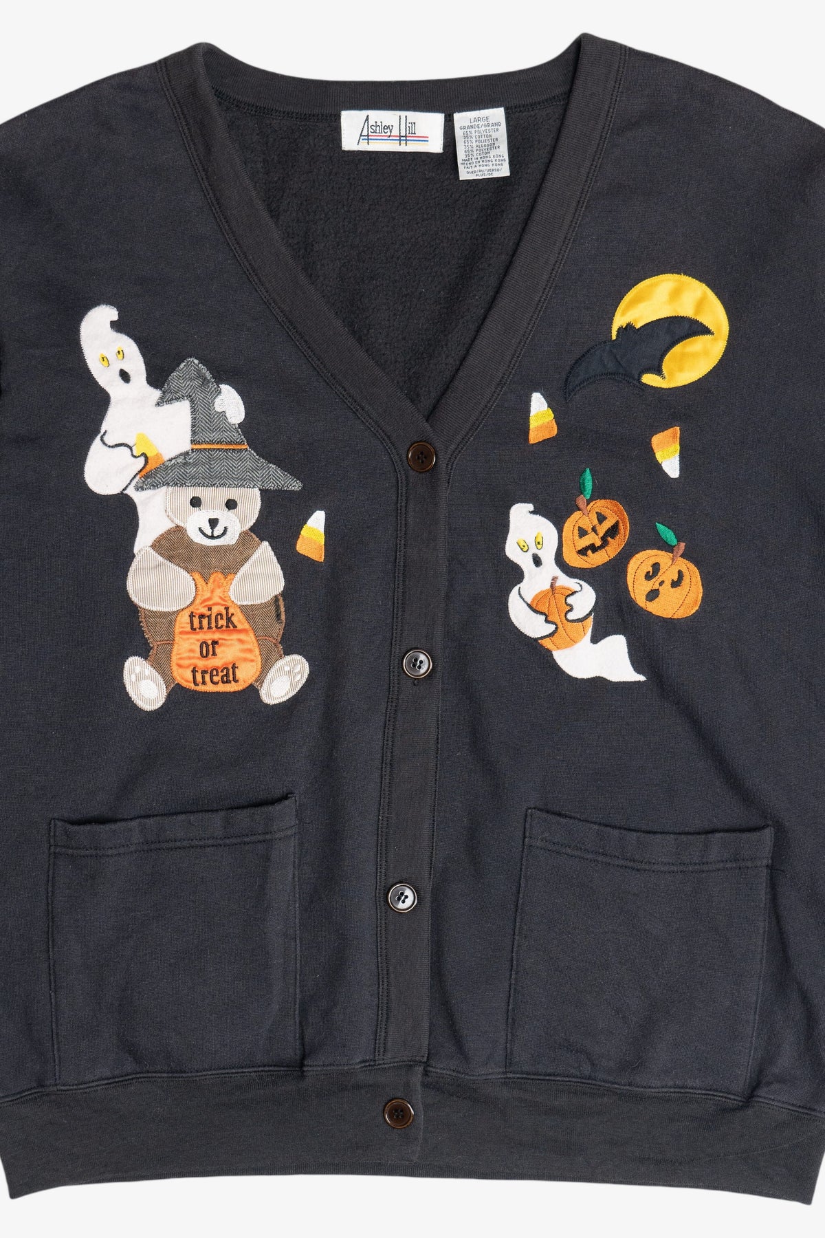 Vintage "Trick Or Treat" Halloween Embroidered Cardigan Sweatshirt (1980s)