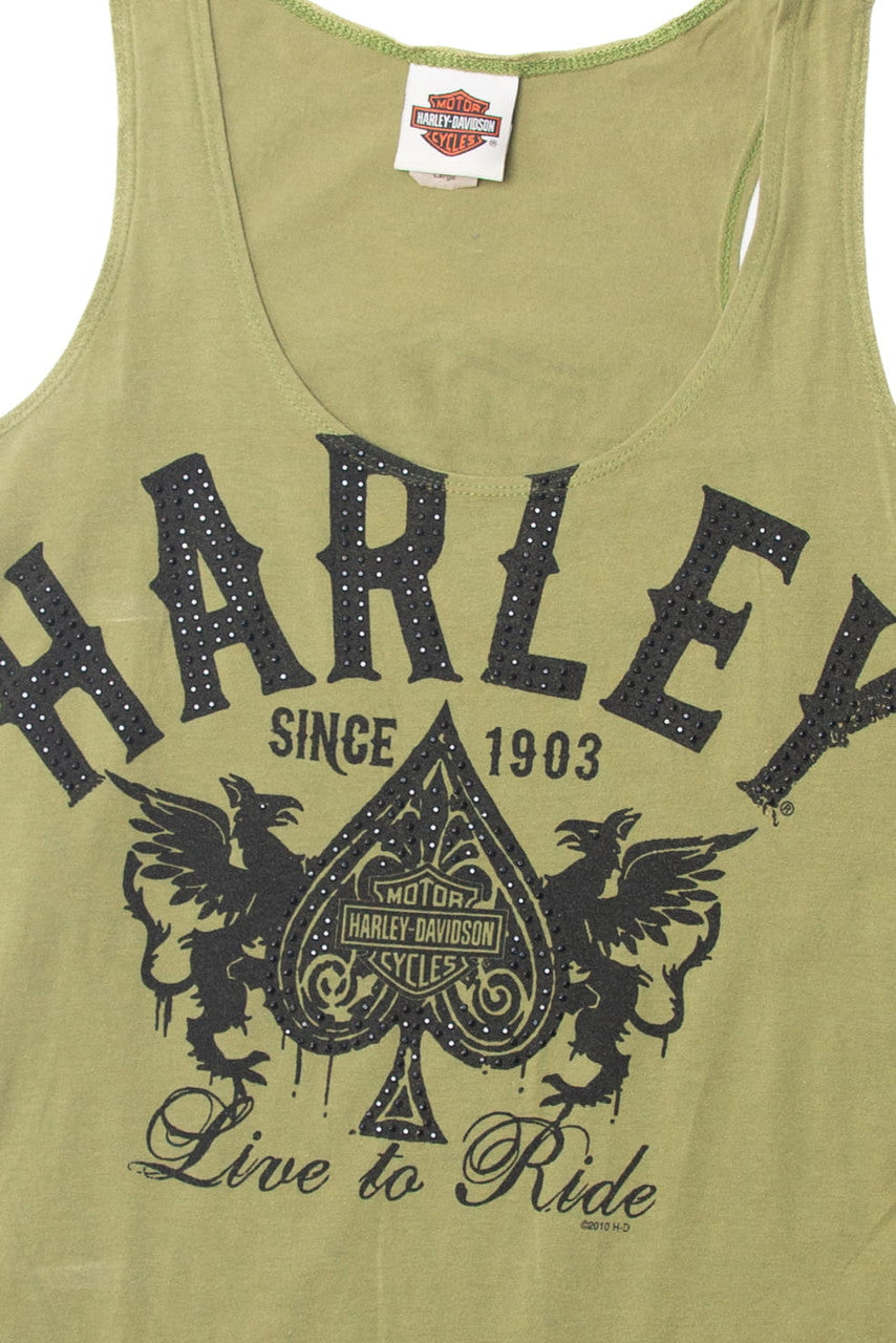 Harley Davidson Green Bejeweled Tank T-Shirt (2010s)